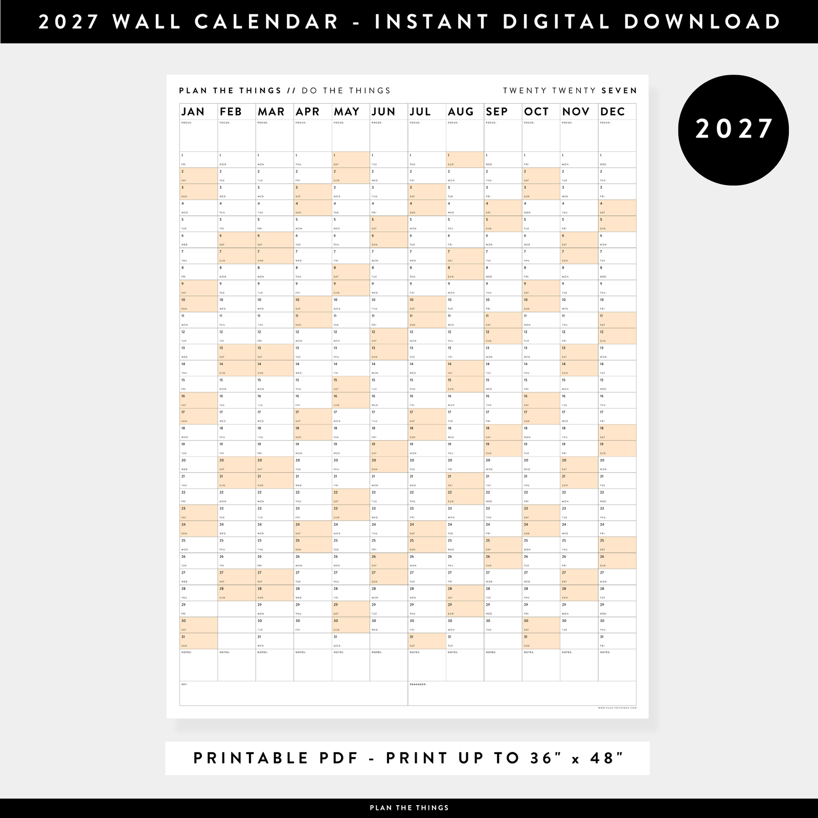 PRINTABLE VERTICAL 2027 WALL CALENDAR WITH ORANGE WEEKENDS - INSTANT DOWNLOAD