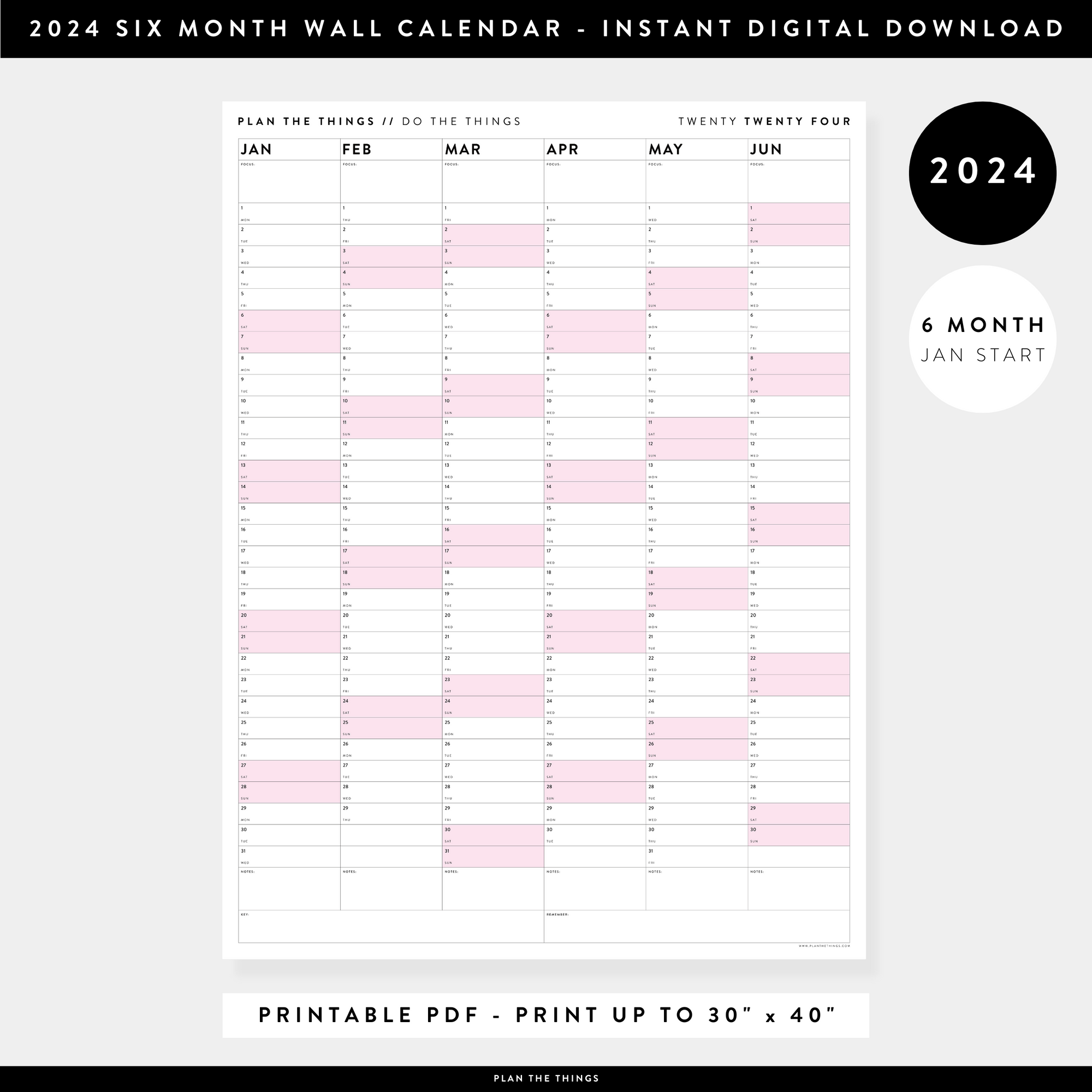 PRINTABLE SIX MONTH 2024 WALL CALENDAR (JANUARY TO JUNE) WITH PINK WEEKENDS - INSTANT DOWNLOAD