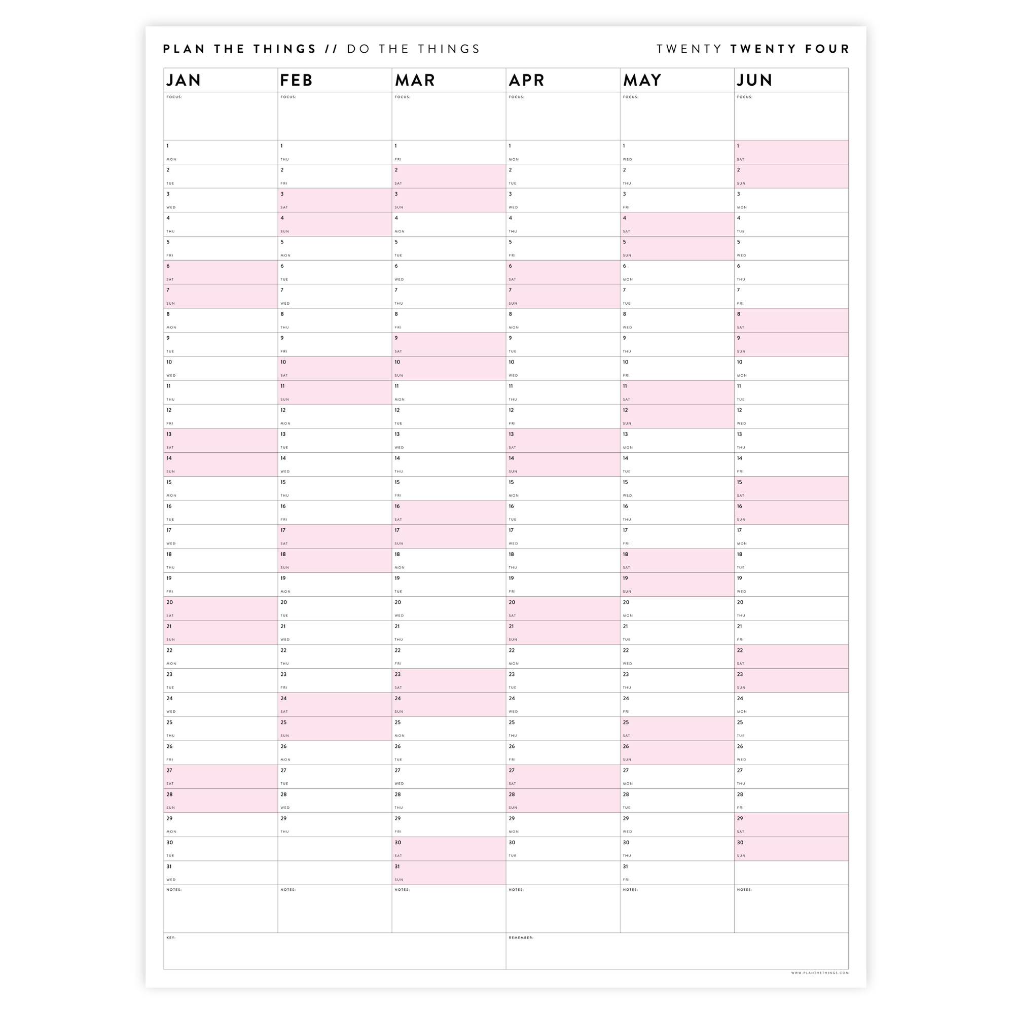 SIX MONTH 2024 GIANT WALL CALENDAR (JANUARY TO JUNE)  WITH PINK WEEKENDS