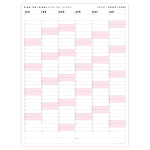PRINTABLE SIX MONTH 2024 WALL CALENDAR (JANUARY TO JUNE) WITH PINK WEEKENDS - INSTANT DOWNLOAD