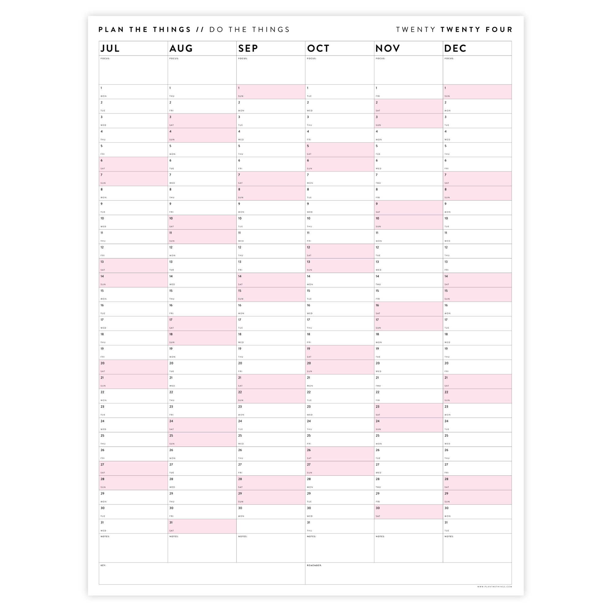 SIX MONTH 2024 GIANT WALL CALENDAR (JULY TO DECEMBER) WITH PINK WEEKENDS