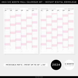 PRINTABLE SIX MONTH 2024 WALL CALENDAR SET WITH PINK WEEKENDS - INSTANT DOWNLOAD