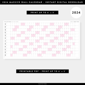 PRINTABLE 6' x 3' MASSIVE 2024 WALL CALENDAR WITH PINK WEEKENDS - INSTANT DOWNLOAD