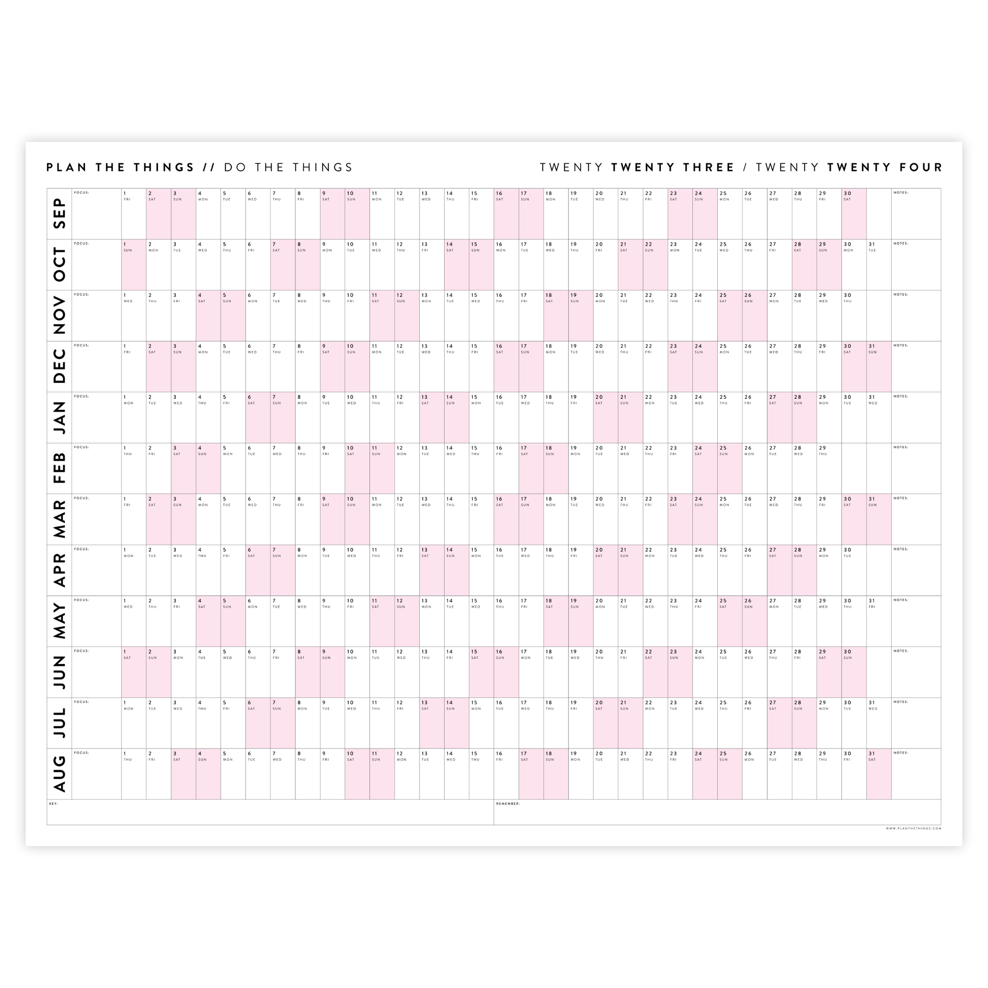 PRINTABLE 2023 / 2024 ACADEMIC WALL CALENDAR (SEPTEMBER START) | HORIZONTAL WITH PINK WEEKENDS - INSTANT DOWNLOAD