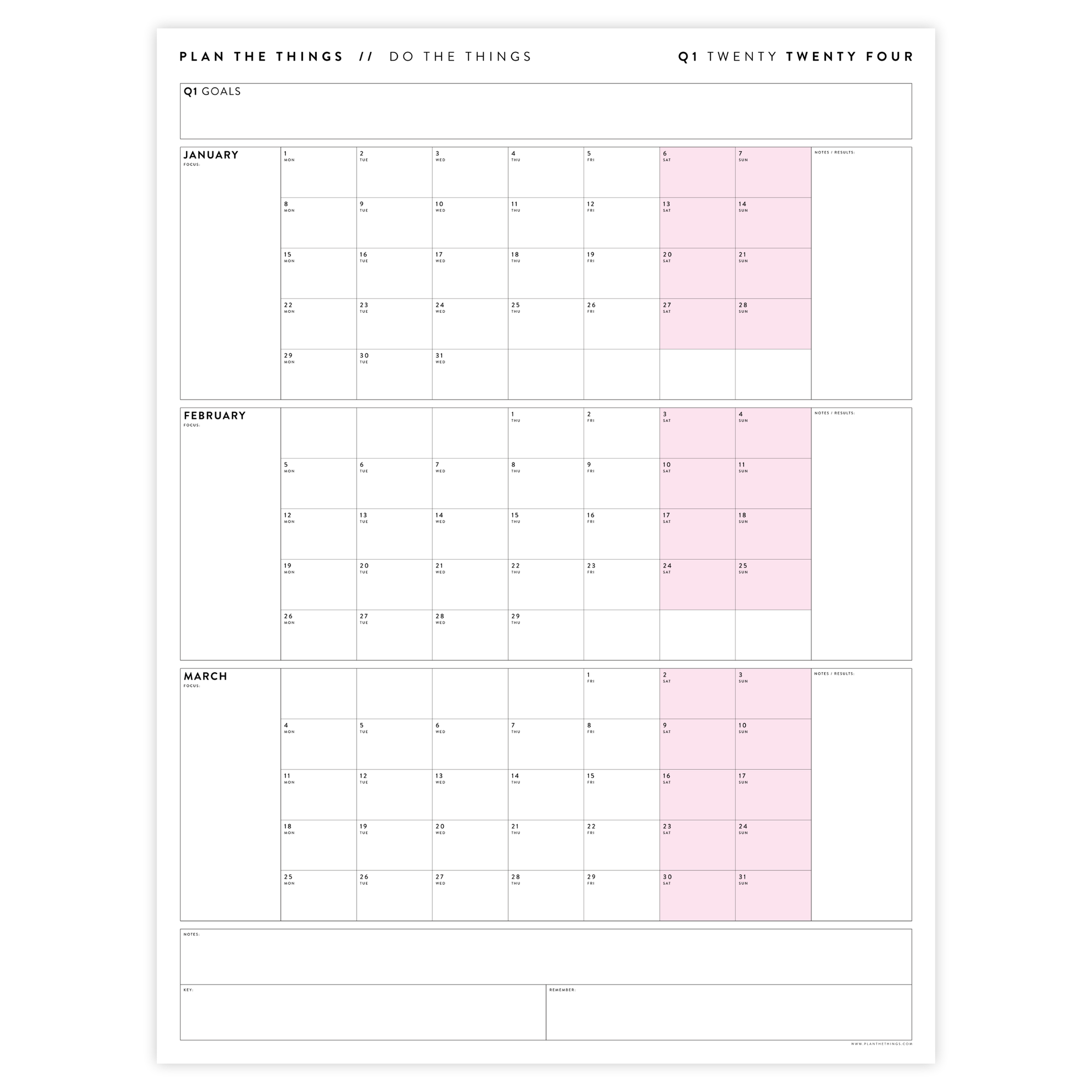 PRINTABLE Q1 (JANUARY - MARCH) 2024 QUARTERLY WALL CALENDAR (PINK) - INSTANT DOWNLOAD