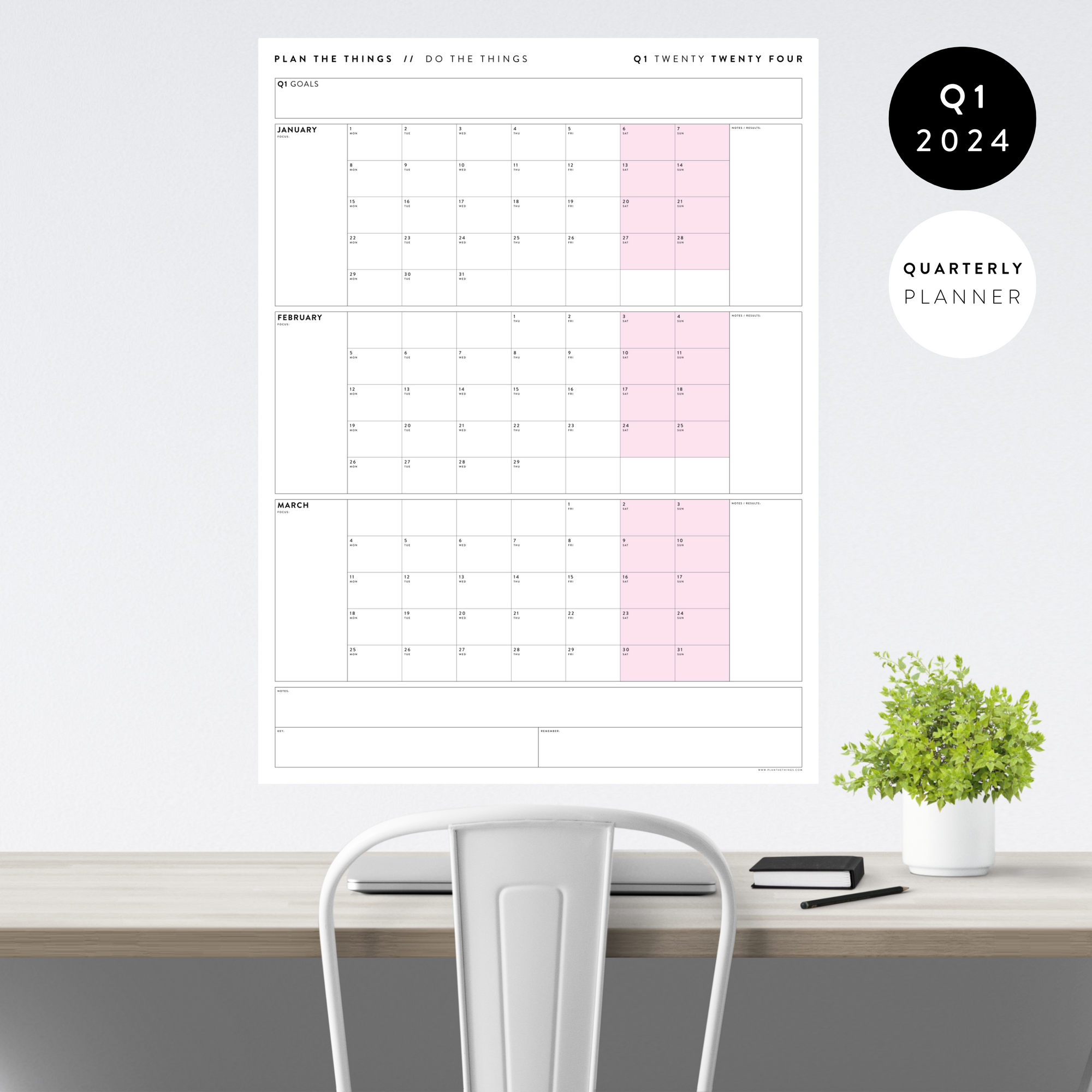 Q1 2024 QUARTERLY GIANT WALL CALENDAR (JANUARY - MARCH 2024) - PINK WEEKENDS