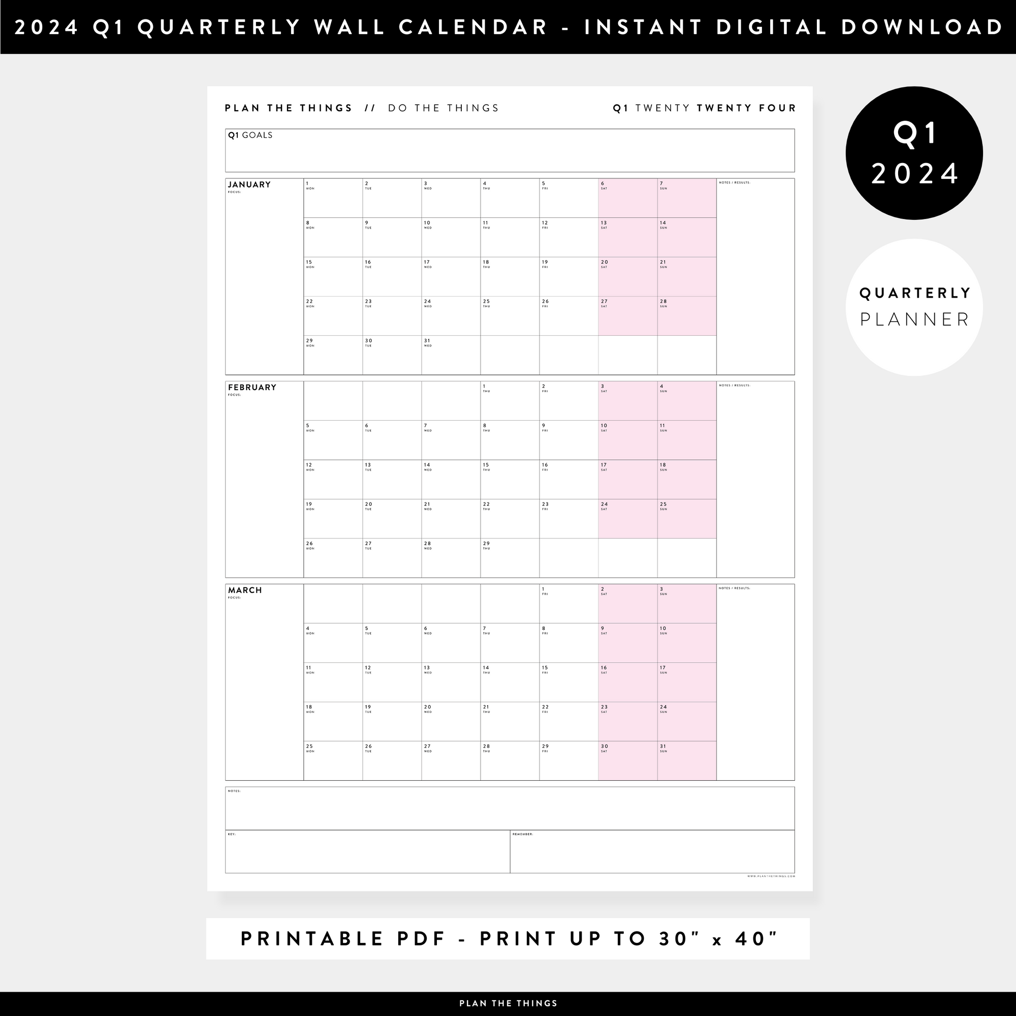 PRINTABLE Q1 (JANUARY - MARCH) 2024 QUARTERLY WALL CALENDAR (PINK) - INSTANT DOWNLOAD