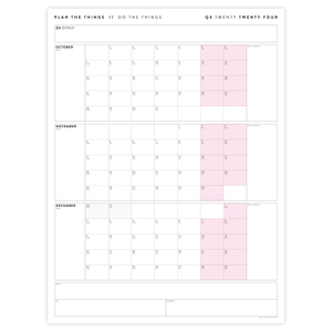 PRINTABLE Q4 (OCTOBER - DECEMBER) 2024 QUARTERLY WALL CALENDAR (PINK) - INSTANT PDF DOWNLOAD