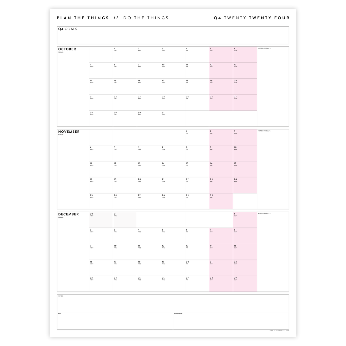 Q4 2024 QUARTERLY GIANT WALL CALENDAR (OCTOBER - DECEMBER 2024) - PINK WEEKENDS