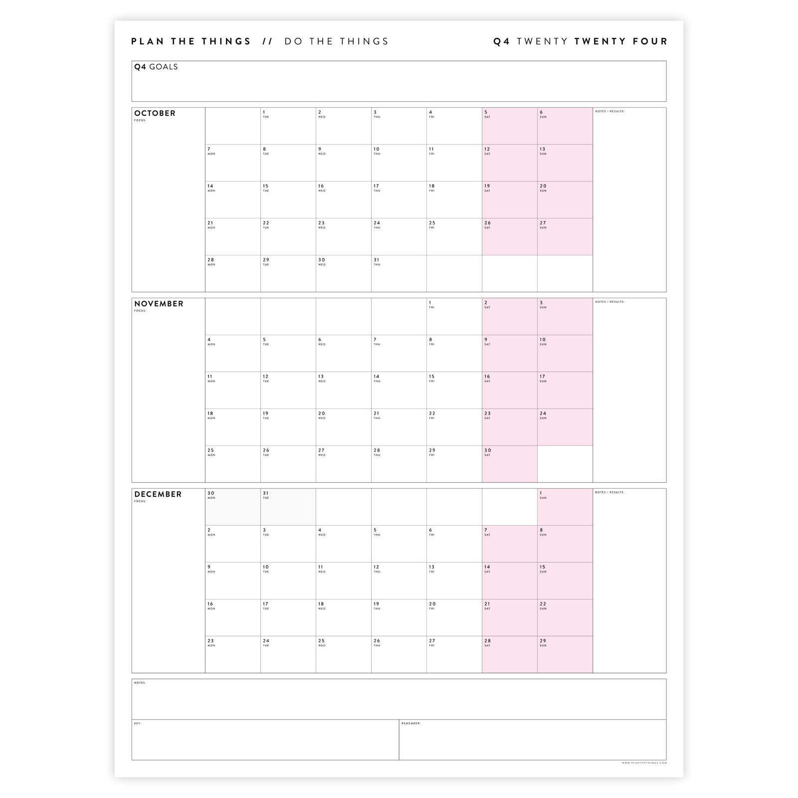 Q4 2024 QUARTERLY GIANT WALL CALENDAR (OCTOBER - DECEMBER 2024) - PINK WEEKENDS