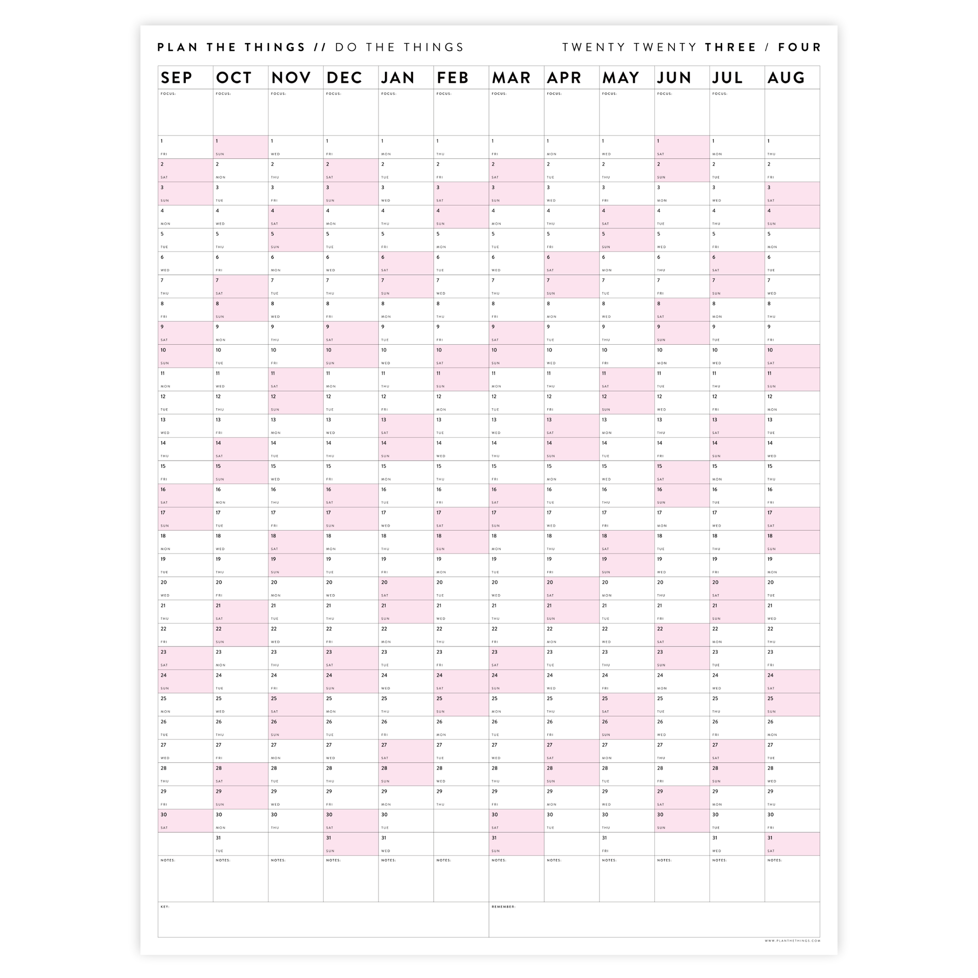 PRINTABLE 2023 / 2024 ACADEMIC WALL CALENDAR (SEPTEMBER START) | VERTICAL WITH PINK WEEKENDS - INSTANT DOWNLOAD