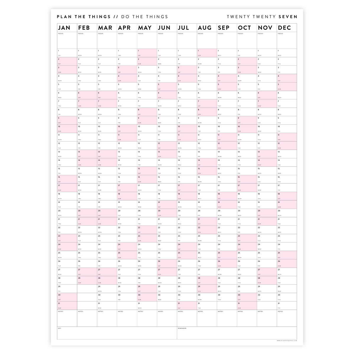 PRINTABLE VERTICAL 2027 WALL CALENDAR WITH PINK WEEKENDS - INSTANT DOWNLOAD