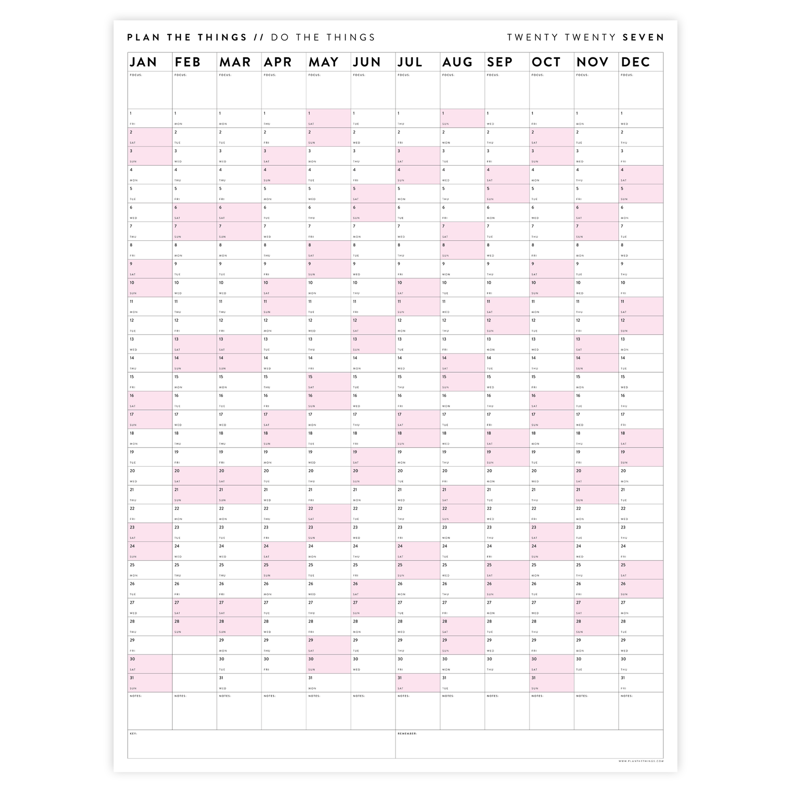 PRINTABLE VERTICAL 2027 WALL CALENDAR WITH PINK WEEKENDS - INSTANT DOWNLOAD