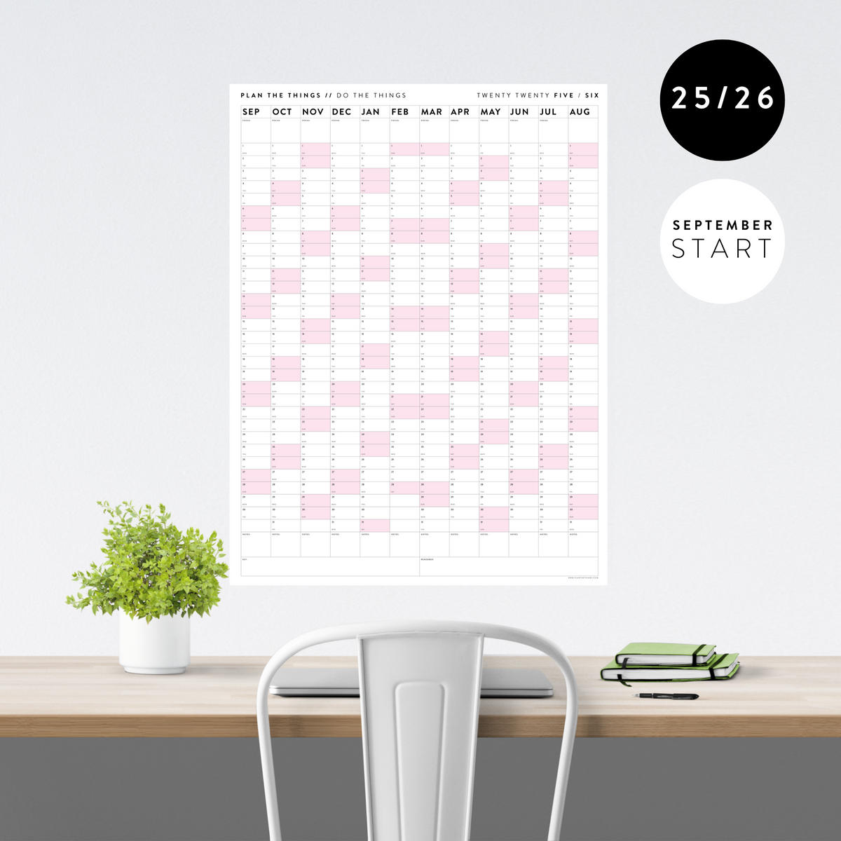 PRINTABLE 2025 - 2026 ACADEMIC WALL CALENDAR (SEPTEMBER START) | VERTICAL WITH PINK WEEKENDS - INSTANT DOWNLOAD
