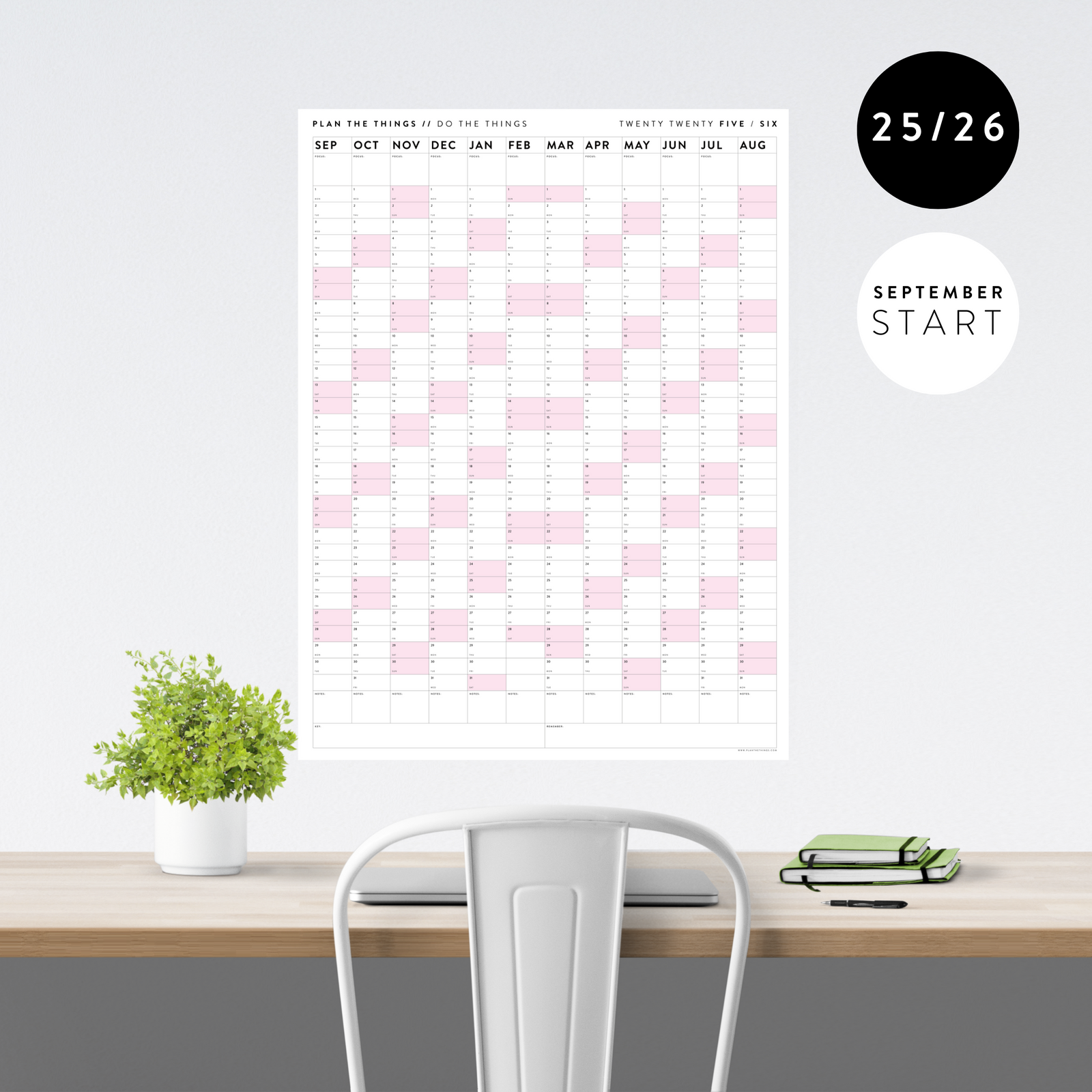 2025 - 2026 ACADEMIC WALL CALENDAR (SEPTEMBER START) | VERTICAL WITH PINK WEEKENDS