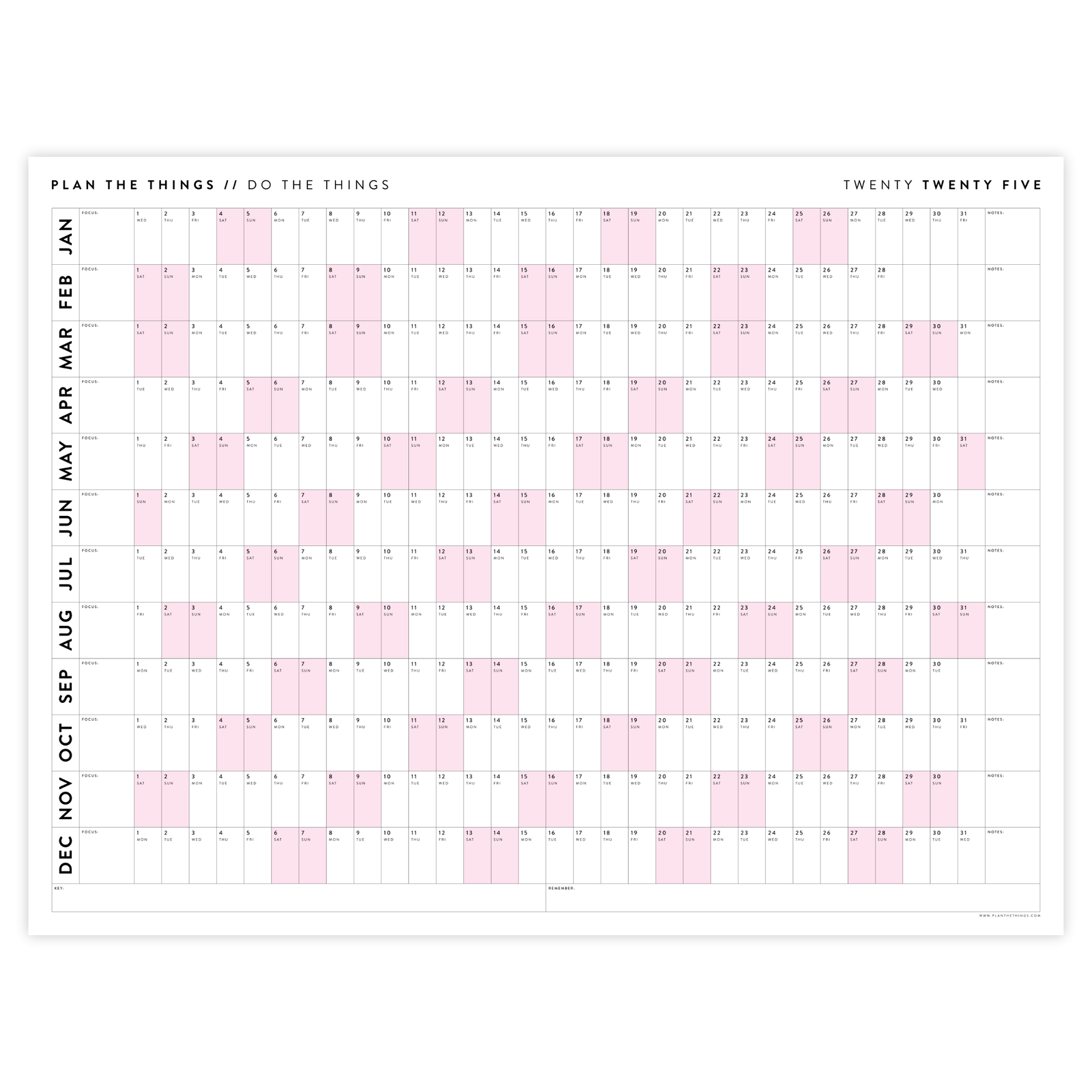 PRINTABLE 2025 HORIZONTAL WALL CALENDAR WITH PINK WEEKENDS - INSTANT D - Plan The Things printable-2025-horizontal-wall-calendar-with-pink-weekends-instant-d-plan-the-things
