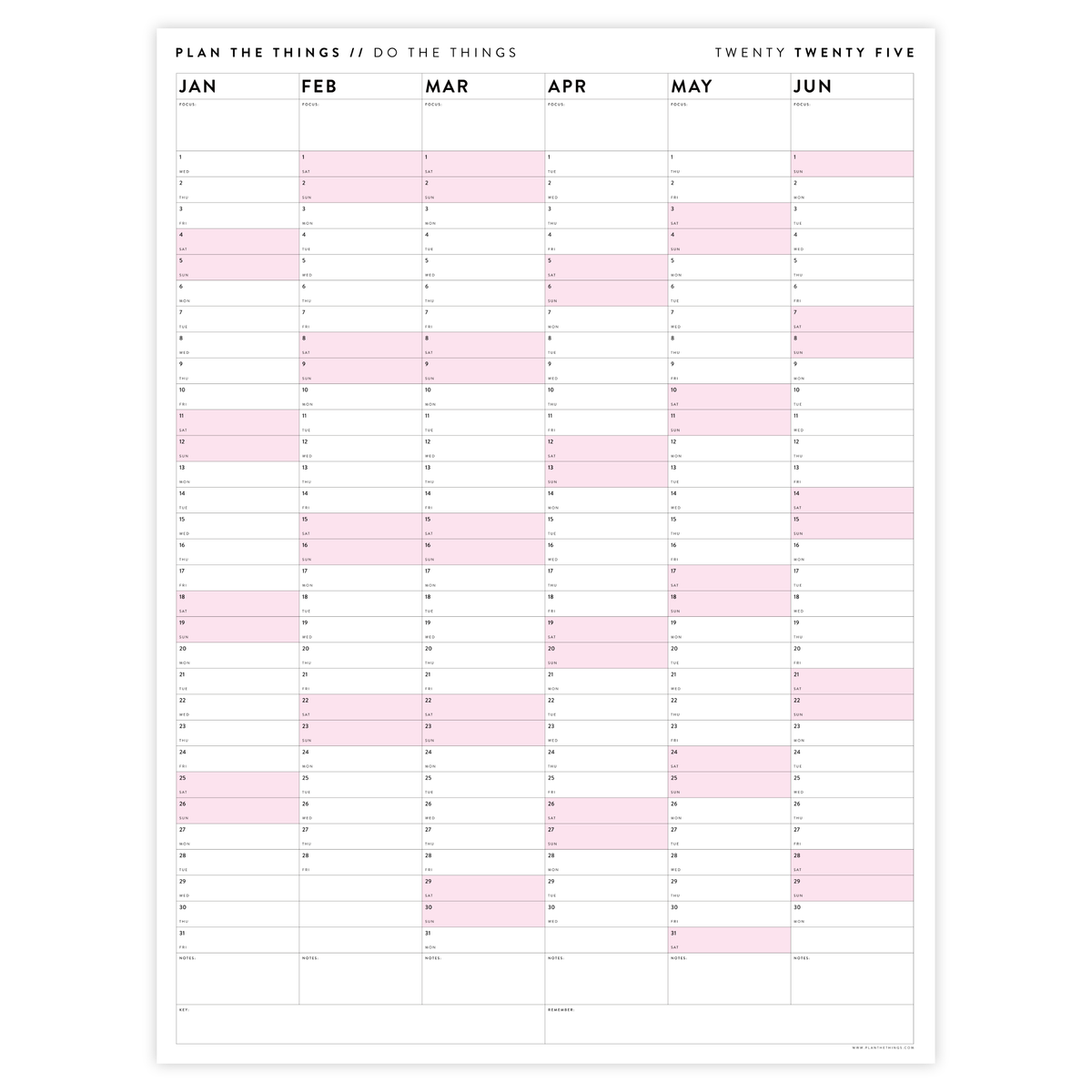 PRINTABLE SIX MONTH 2025 WALL CALENDAR (JANUARY TO JUNE) WITH PINK WEEKENDS - INSTANT DOWNLOAD