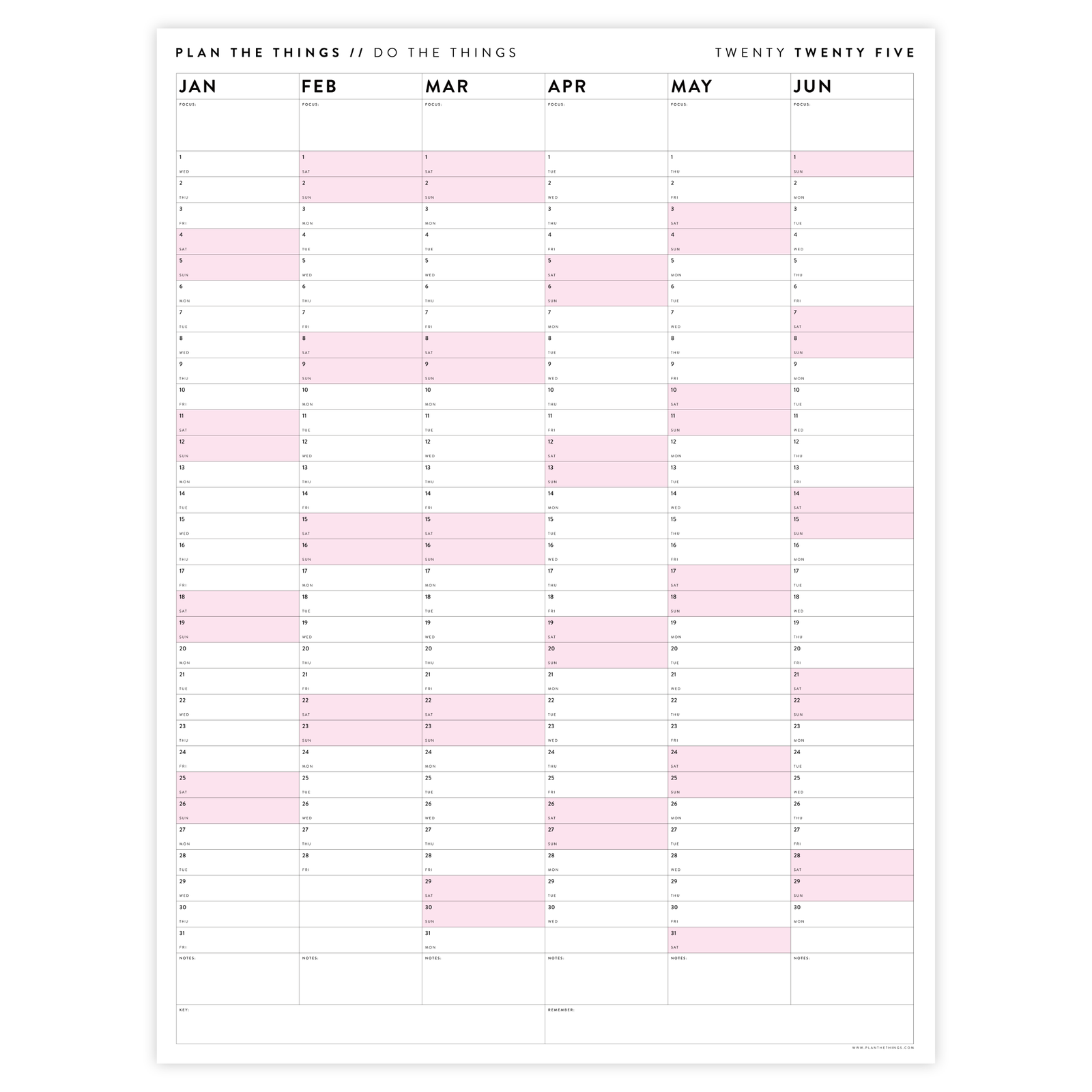 PRINTABLE SIX MONTH 2025 WALL CALENDAR SET WITH PINK WEEKENDS - INSTANT DOWNLOAD