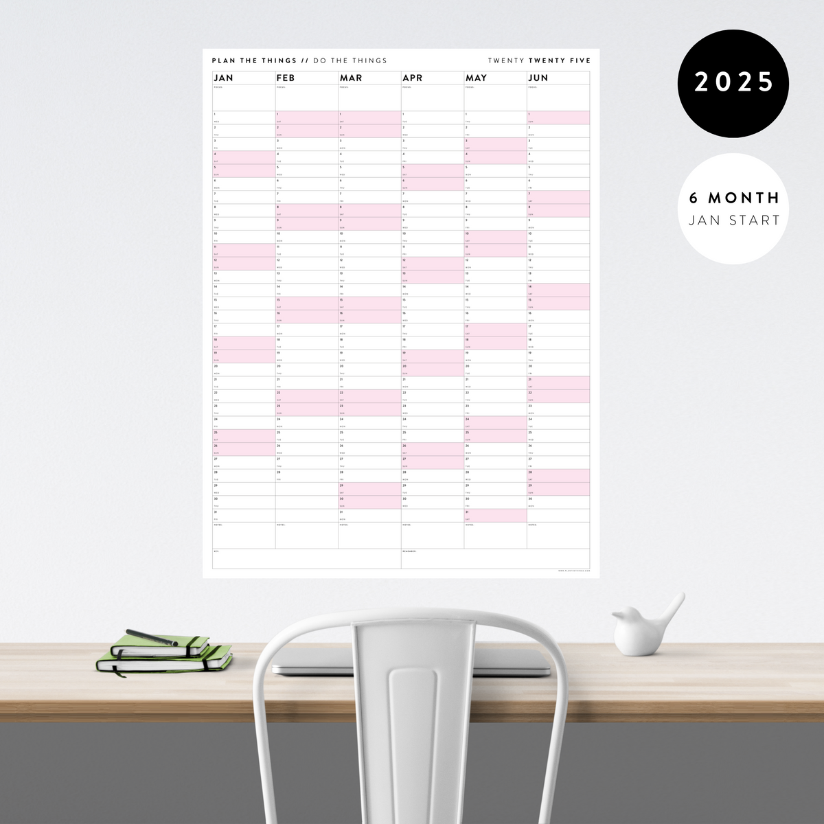 SIX MONTH 2025 GIANT WALL CALENDAR (JANUARY TO JUNE) WITH PINK WEEKEND - Plan The Things six-month-2025-giant-wall-calendar-january-to-june-with-pink-weekend-plan-the-things
