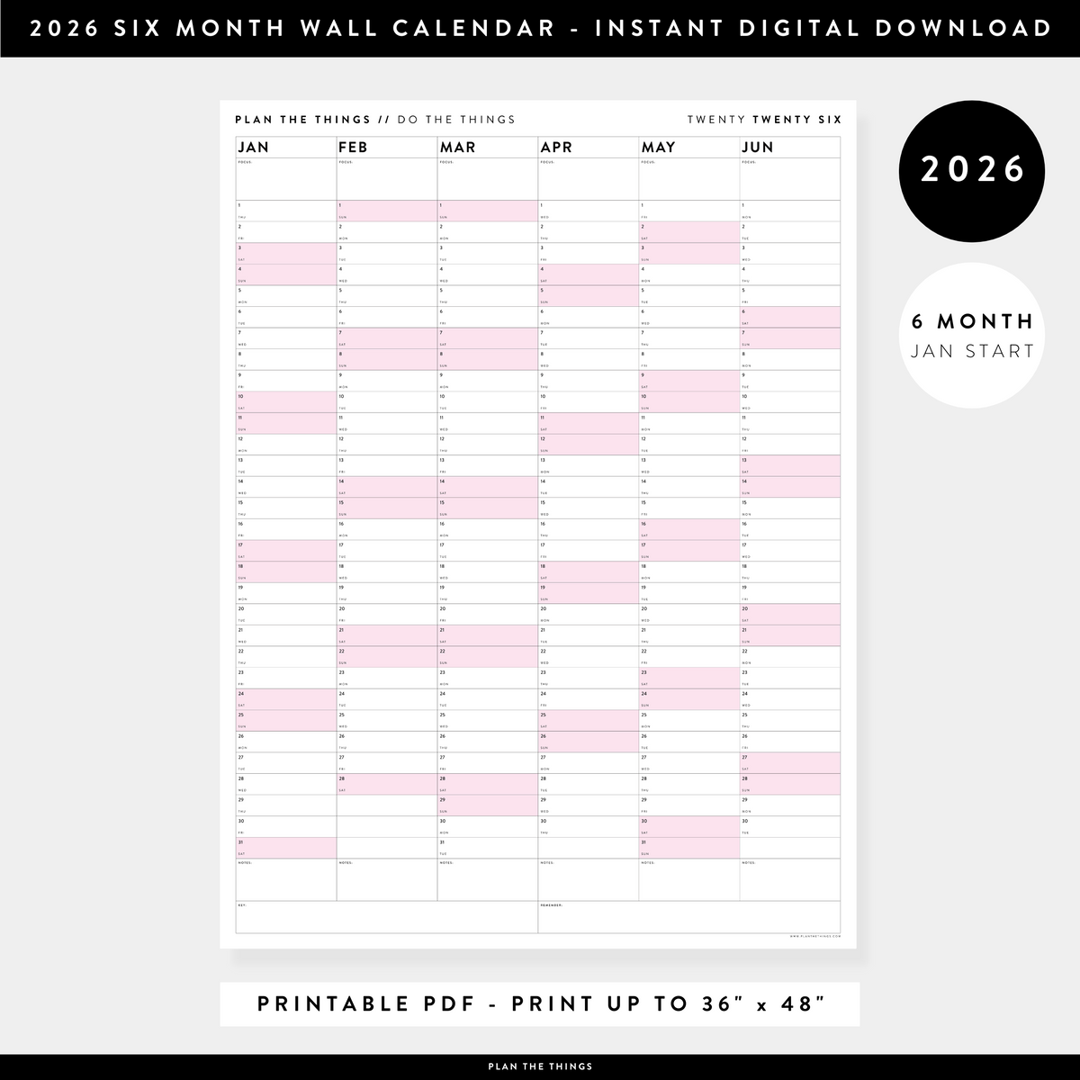 PRINTABLE SIX MONTH 2026 WALL CALENDAR (JANUARY TO JUNE) WITH PINK WEEKENDS - INSTANT DOWNLOAD