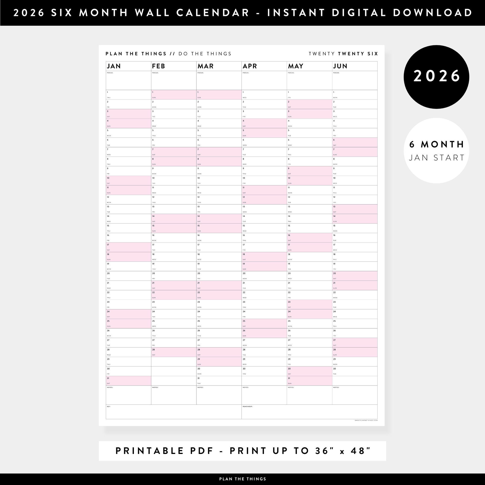 PRINTABLE SIX MONTH 2026 WALL CALENDAR (JANUARY TO JUNE) WITH PINK WEEKENDS - INSTANT DOWNLOAD