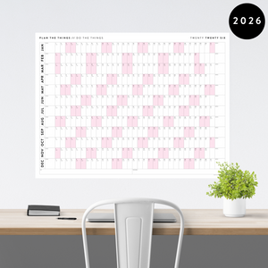 PRINTABLE 2026 HORIZONTAL WALL CALENDAR WITH PINK WEEKENDS - INSTANT DOWNLOAD