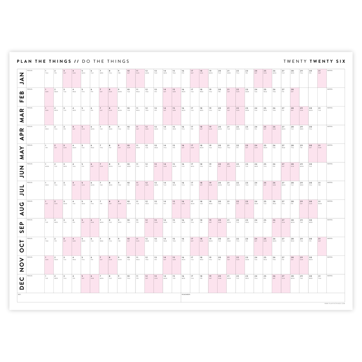 PRINTABLE 2026 HORIZONTAL WALL CALENDAR WITH PINK WEEKENDS INSTANT D