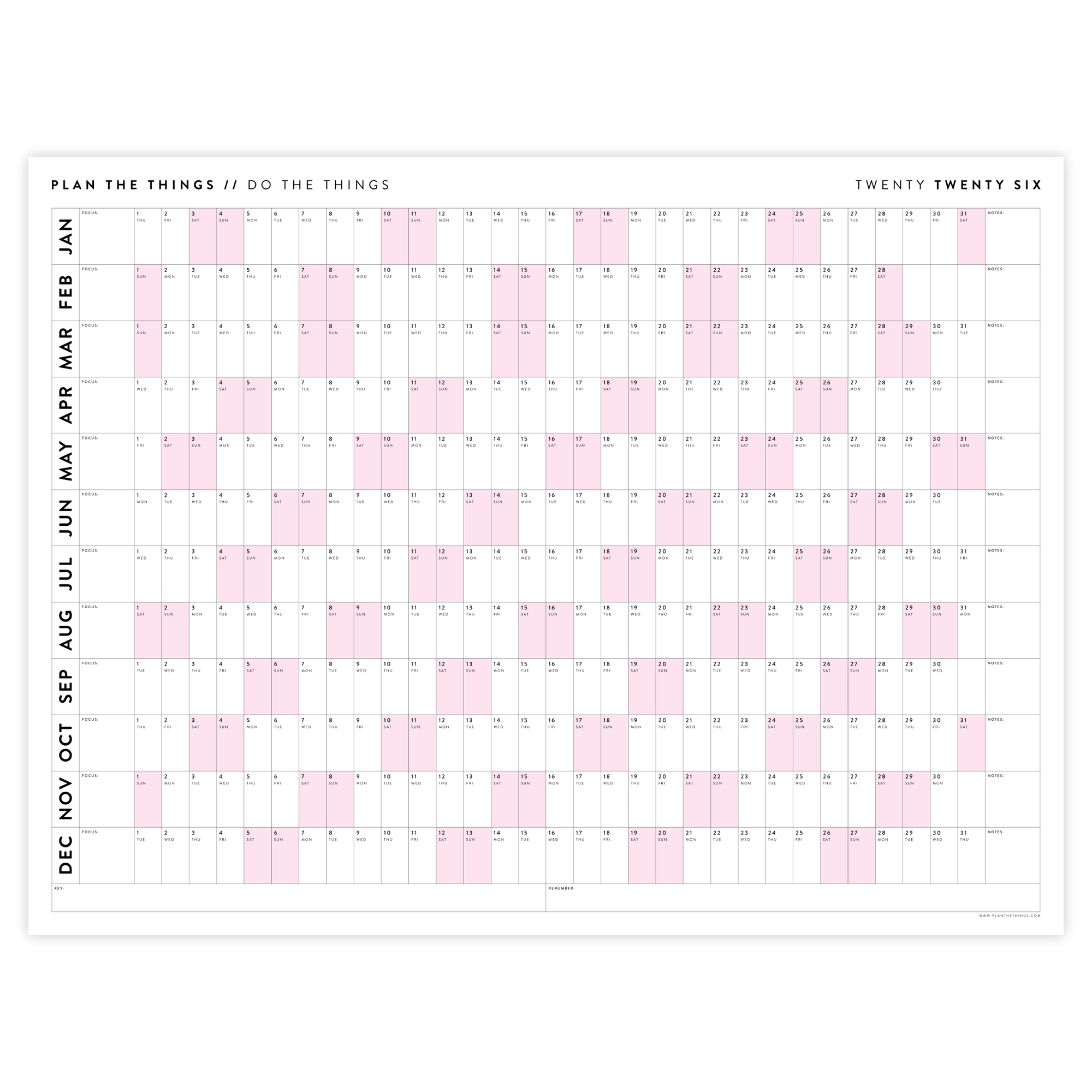 PRINTABLE 2026 HORIZONTAL WALL CALENDAR WITH PINK WEEKENDS - INSTANT DOWNLOAD