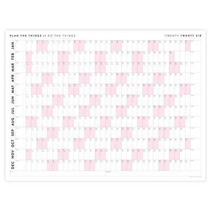 PRINTABLE 2026 HORIZONTAL WALL CALENDAR WITH PINK WEEKENDS - INSTANT DOWNLOAD