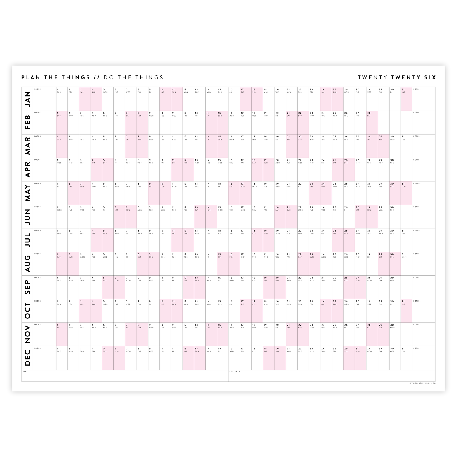 GIANT 2026 ANNUAL WALL CALENDAR | HORIZONTAL WITH PINK WEEKENDS