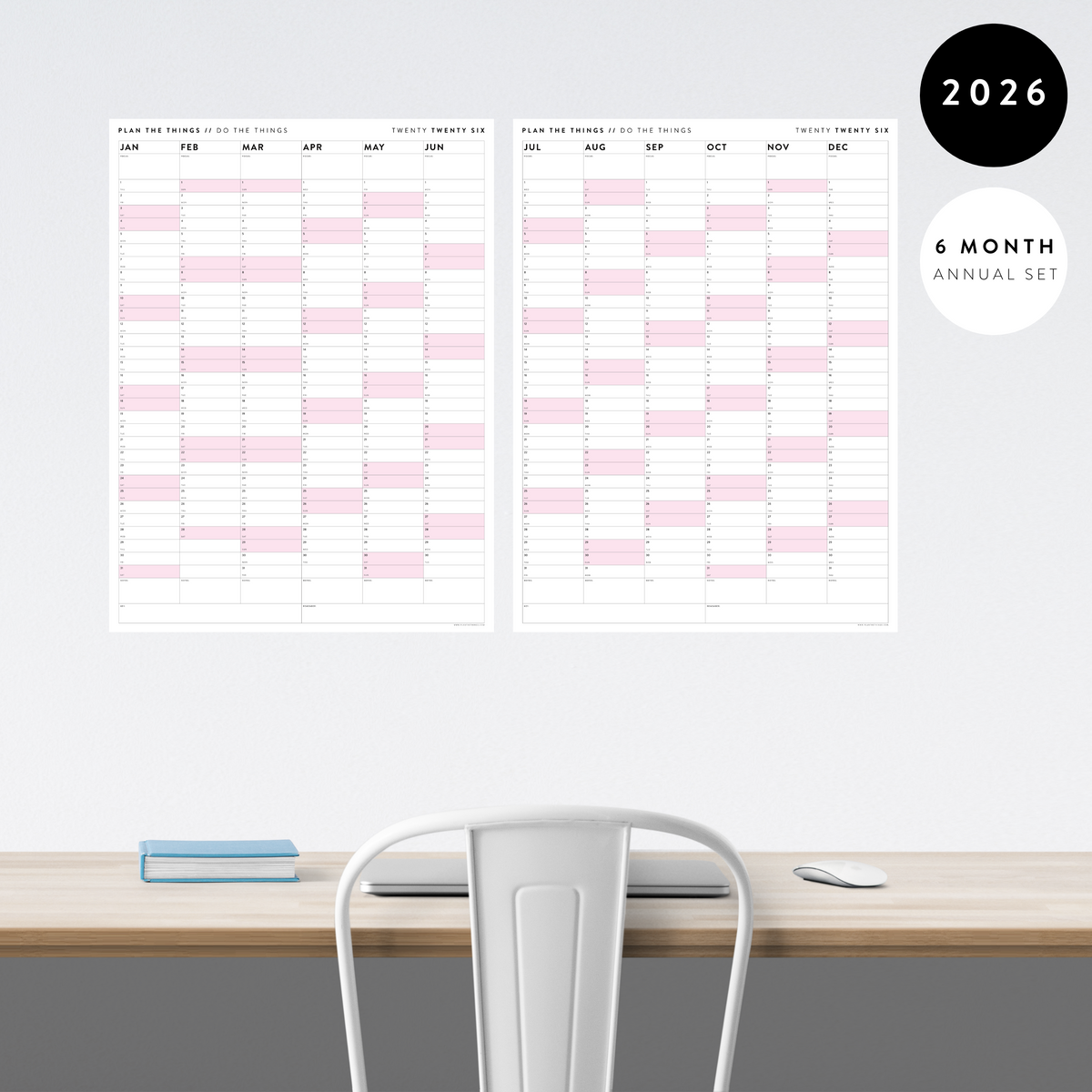 PRINTABLE SIX MONTH 2026 ACADEMIC YEAR WALL CALENDAR SET WITH PINK WEEKENDS - INSTANT DOWNLOAD