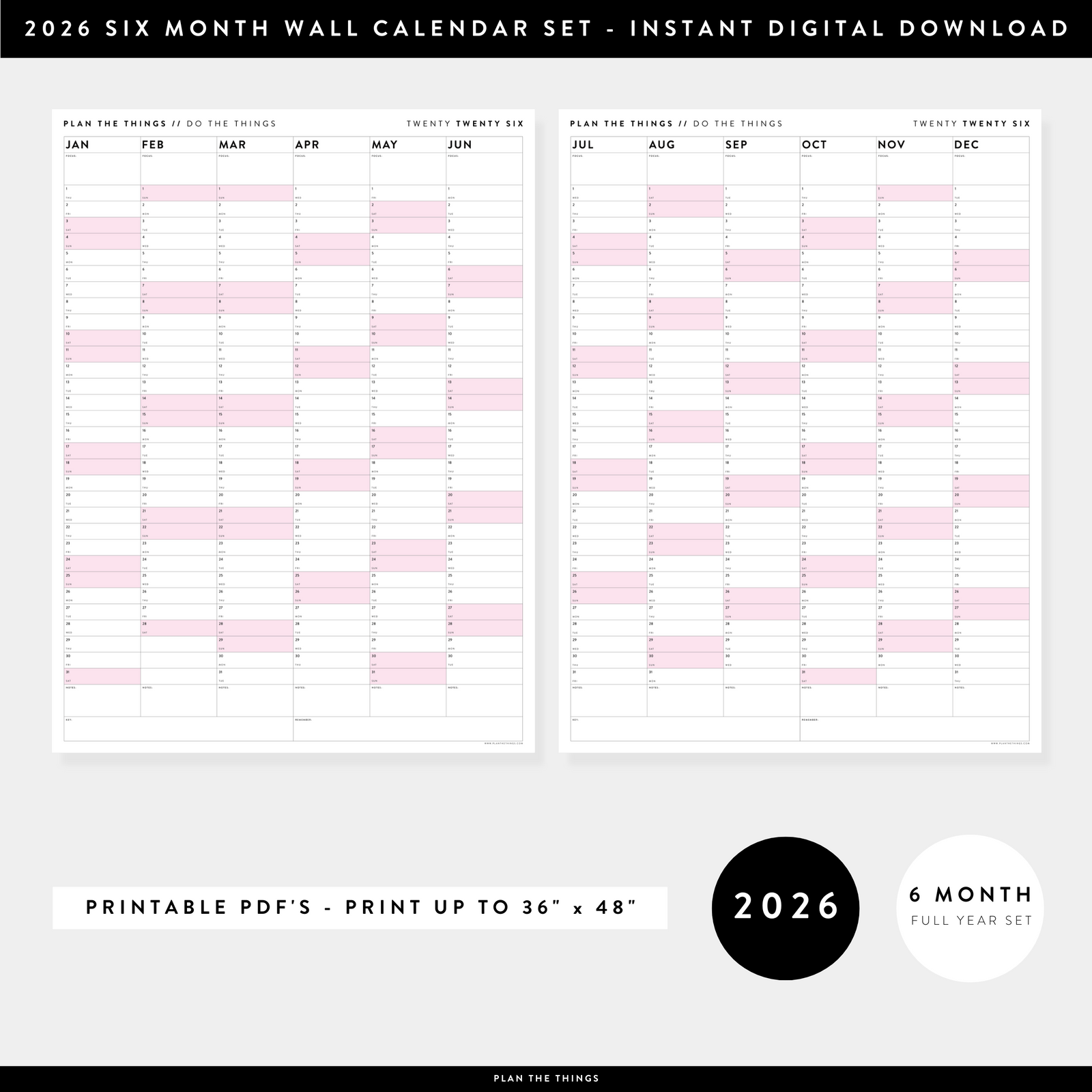 PRINTABLE SIX MONTH 2026 ACADEMIC YEAR WALL CALENDAR SET WITH PINK WEEKENDS - INSTANT DOWNLOAD