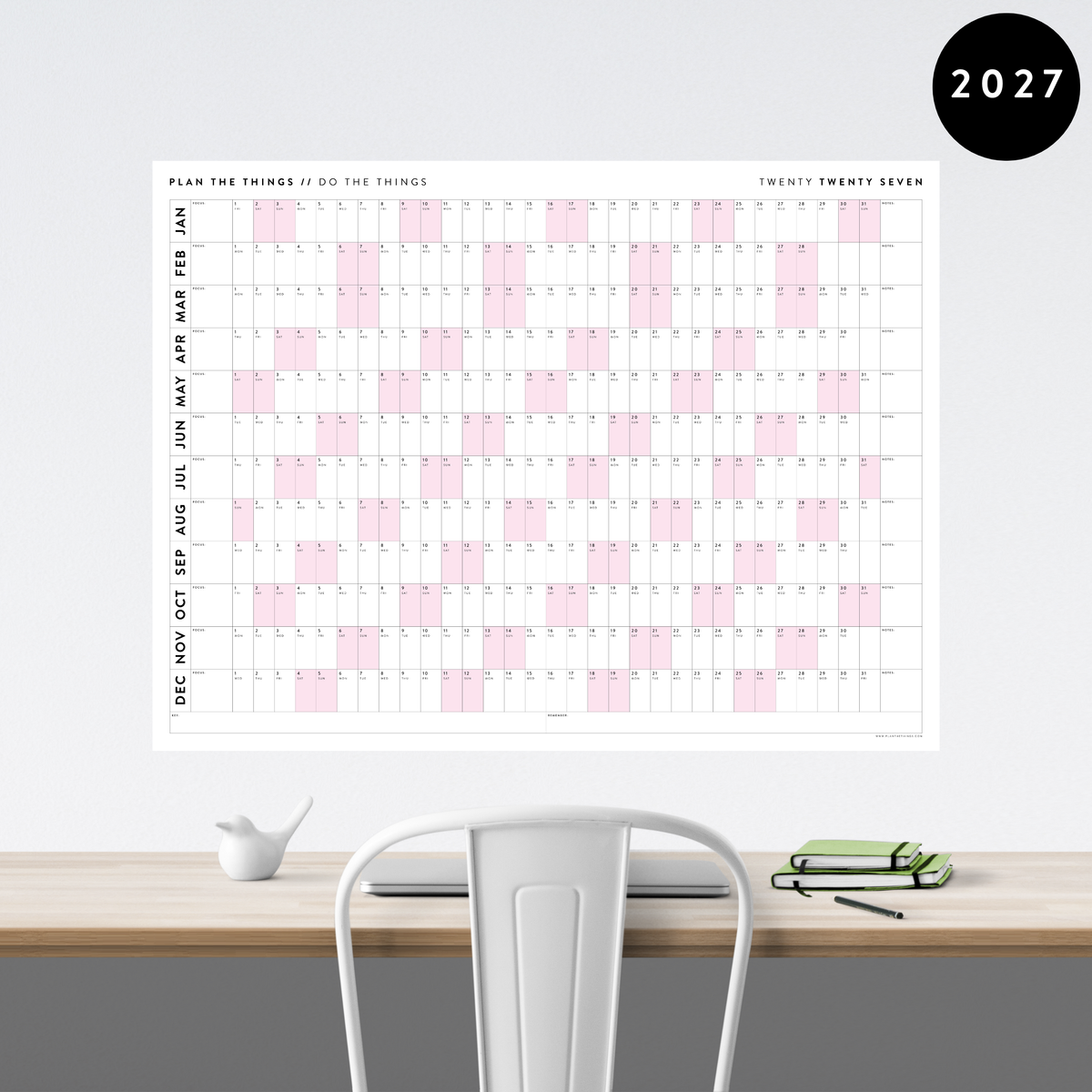 GIANT 2027 ANNUAL WALL CALENDAR | HORIZONTAL WITH PINK WEEKENDS