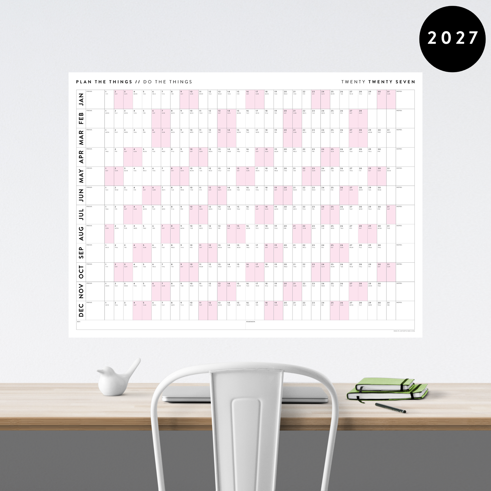 GIANT 2027 ANNUAL WALL CALENDAR | HORIZONTAL WITH PINK WEEKENDS