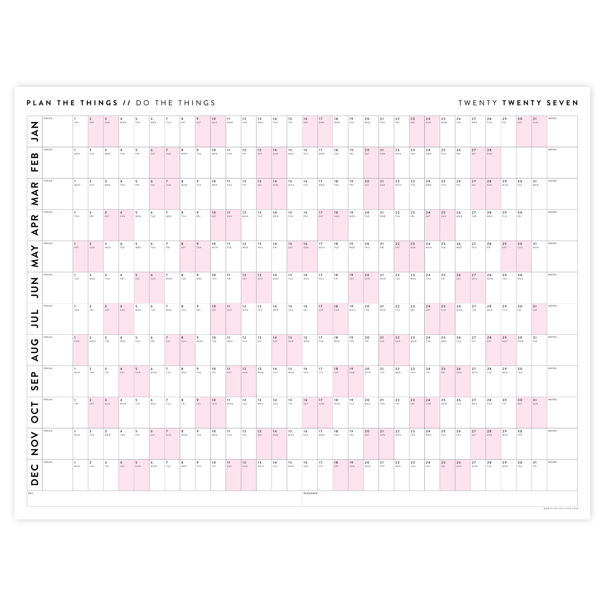 GIANT 2027 ANNUAL WALL CALENDAR | HORIZONTAL WITH PINK WEEKENDS
