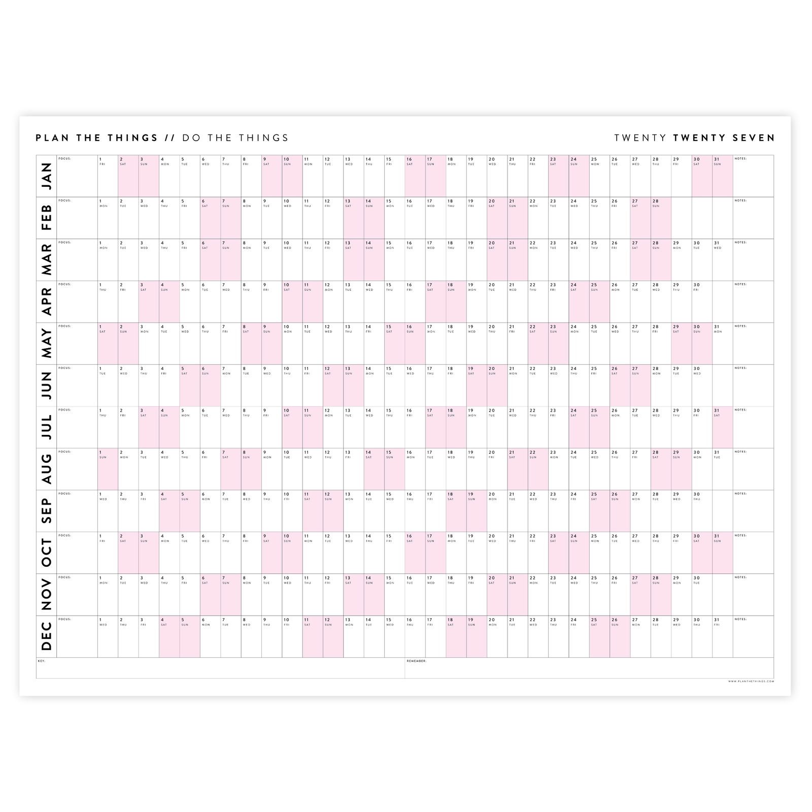 GIANT 2027 ANNUAL WALL CALENDAR | HORIZONTAL WITH PINK WEEKENDS