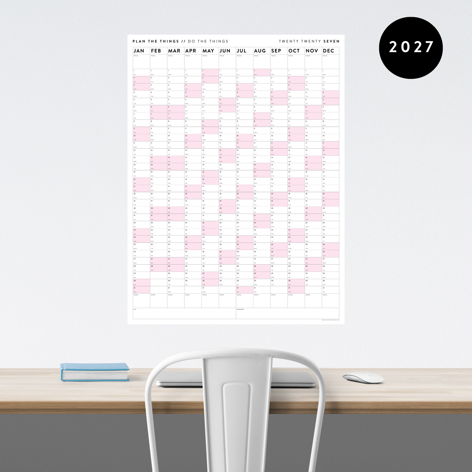 GIANT 2027 ANNUAL WALL CALENDAR | VERTICAL WITH PINK WEEKENDS