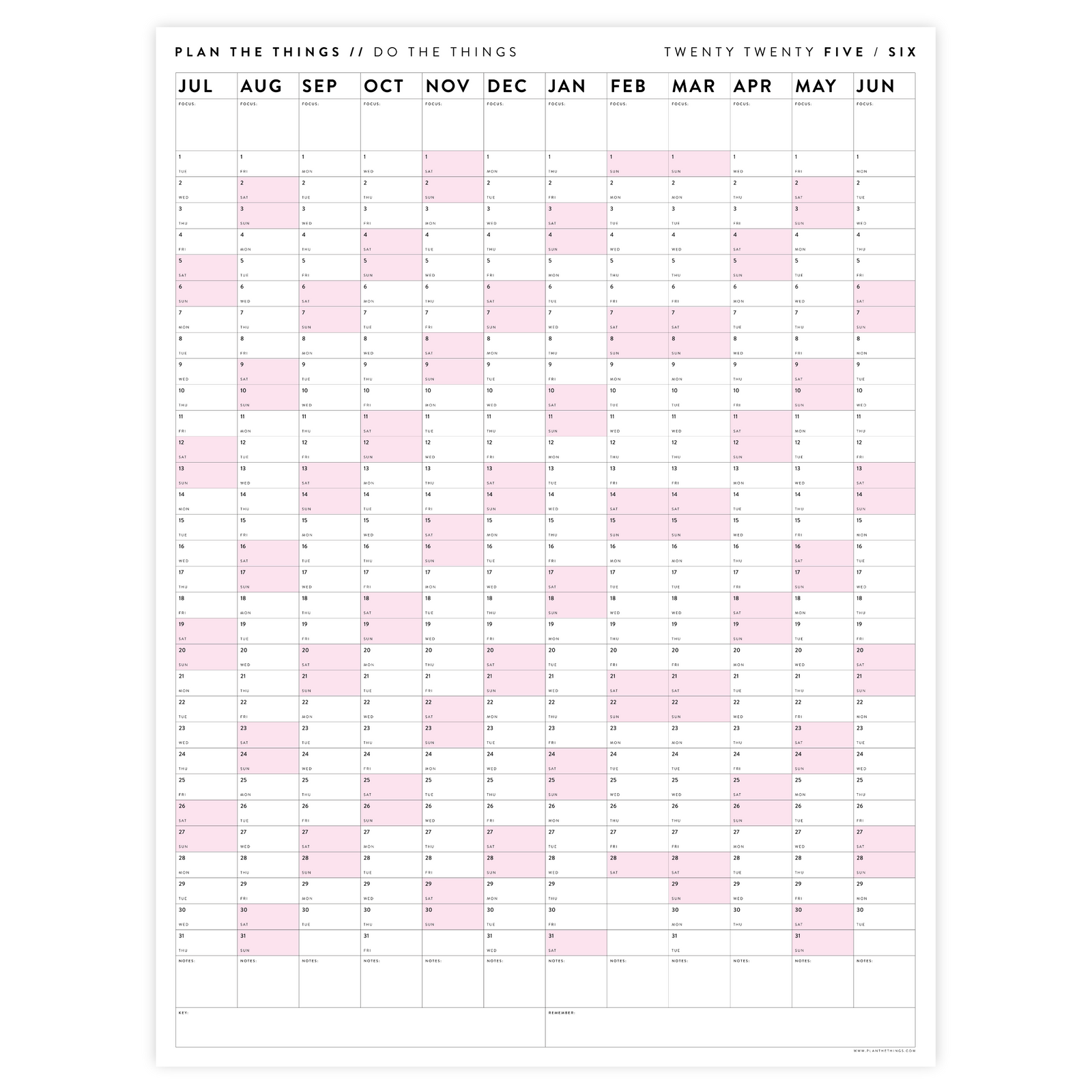 2025 - 2026 ACADEMIC WALL CALENDAR (JULY START) | VERTICAL WITH PINK WEEKENDS