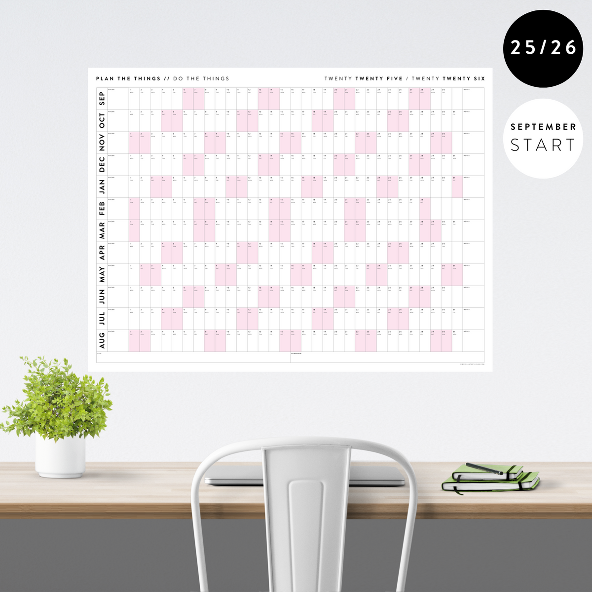 PRINTABLE 2025 - 2026 ACADEMIC WALL CALENDAR (SEPTEMBER START) | HORIZONTAL WITH PINK WEEKENDS - INSTANT DOWNLOAD