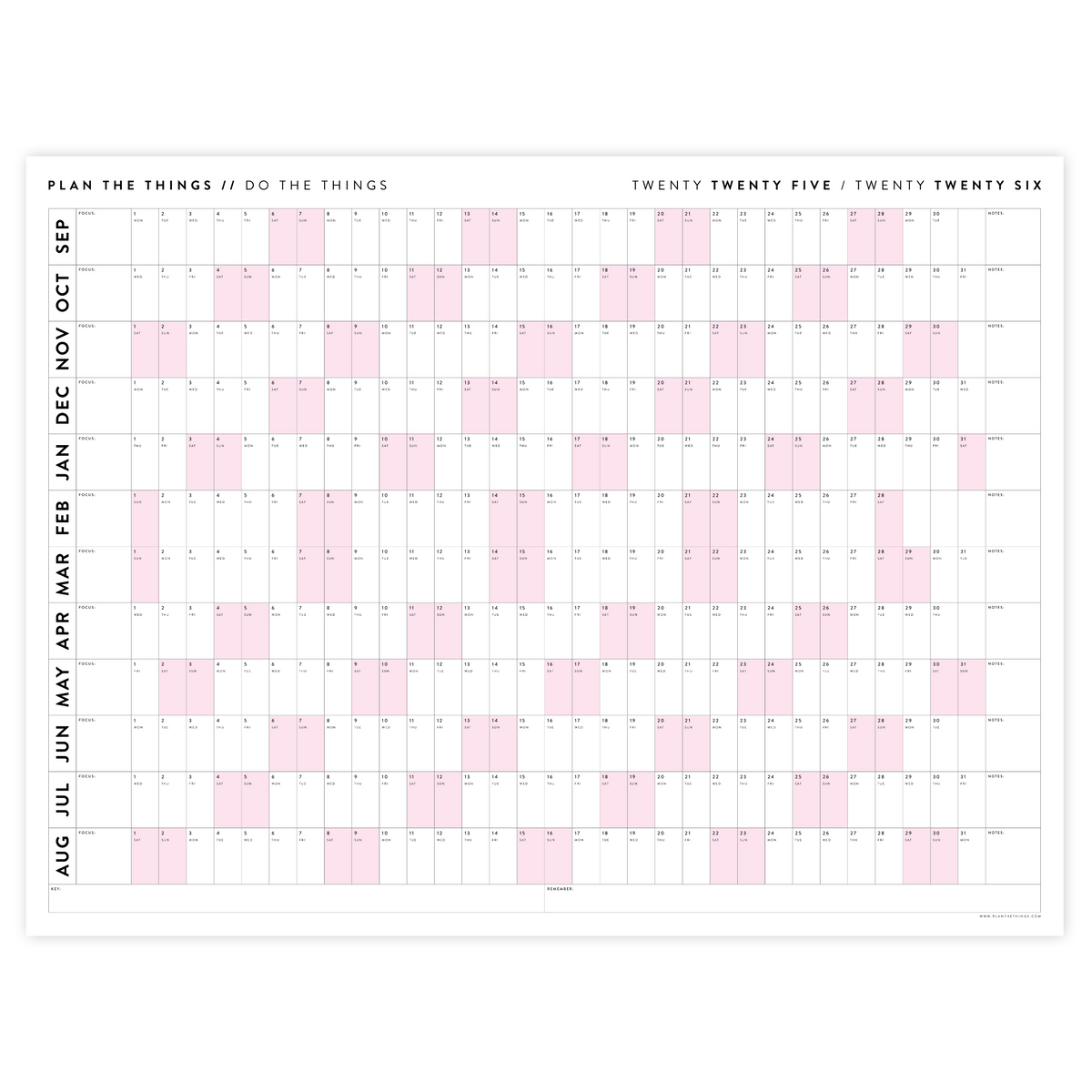 PRINTABLE 2025 - 2026 ACADEMIC WALL CALENDAR (SEPTEMBER START) | HORIZONTAL WITH PINK WEEKENDS - INSTANT DOWNLOAD