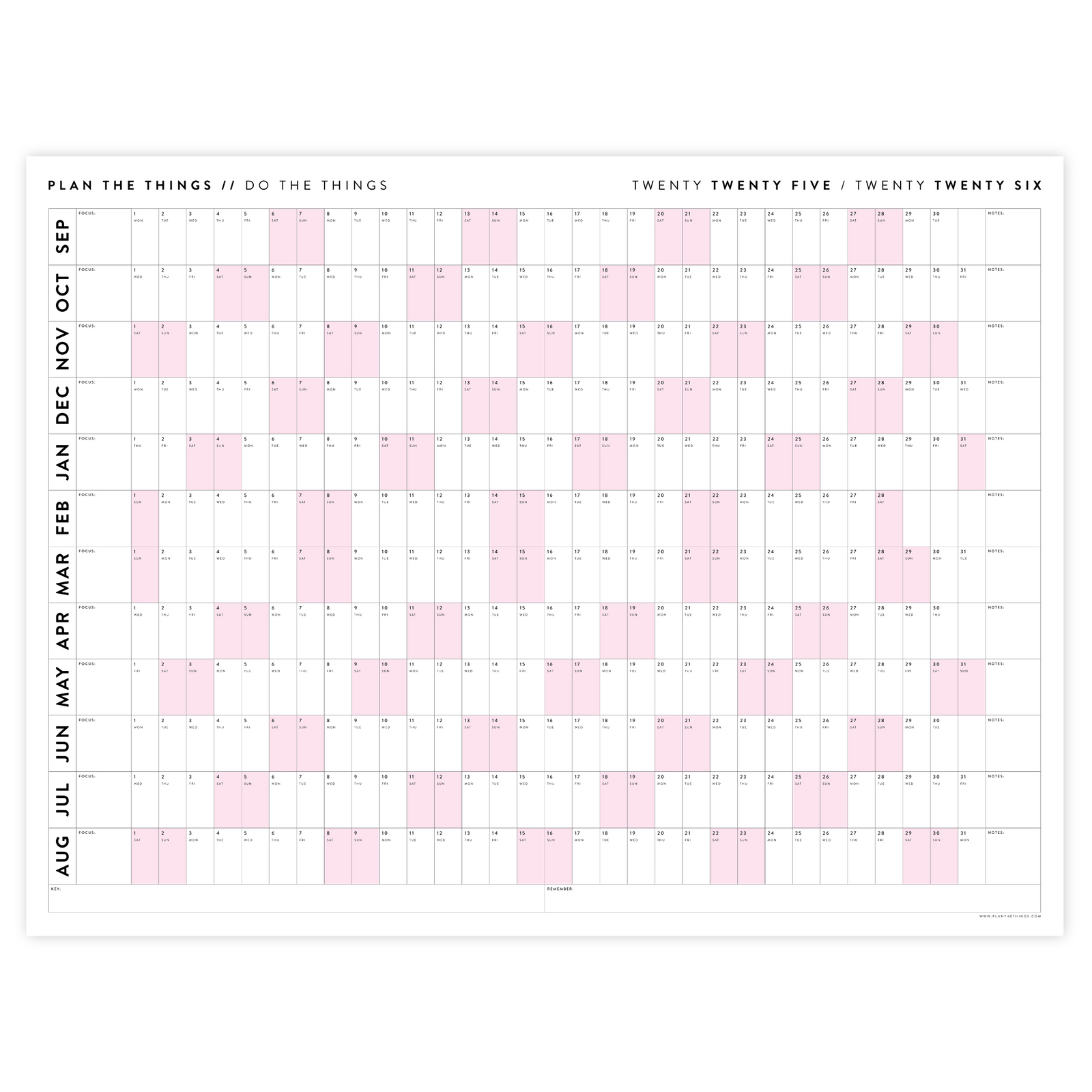 PRINTABLE 2025 - 2026 ACADEMIC WALL CALENDAR (SEPTEMBER START) | HORIZONTAL WITH PINK WEEKENDS - INSTANT DOWNLOAD