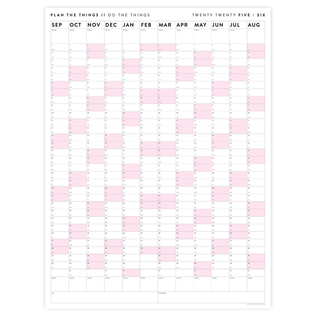 PRINTABLE 2025 - 2026 ACADEMIC WALL CALENDAR (SEPTEMBER START) | VERTICAL WITH PINK WEEKENDS - INSTANT DOWNLOAD