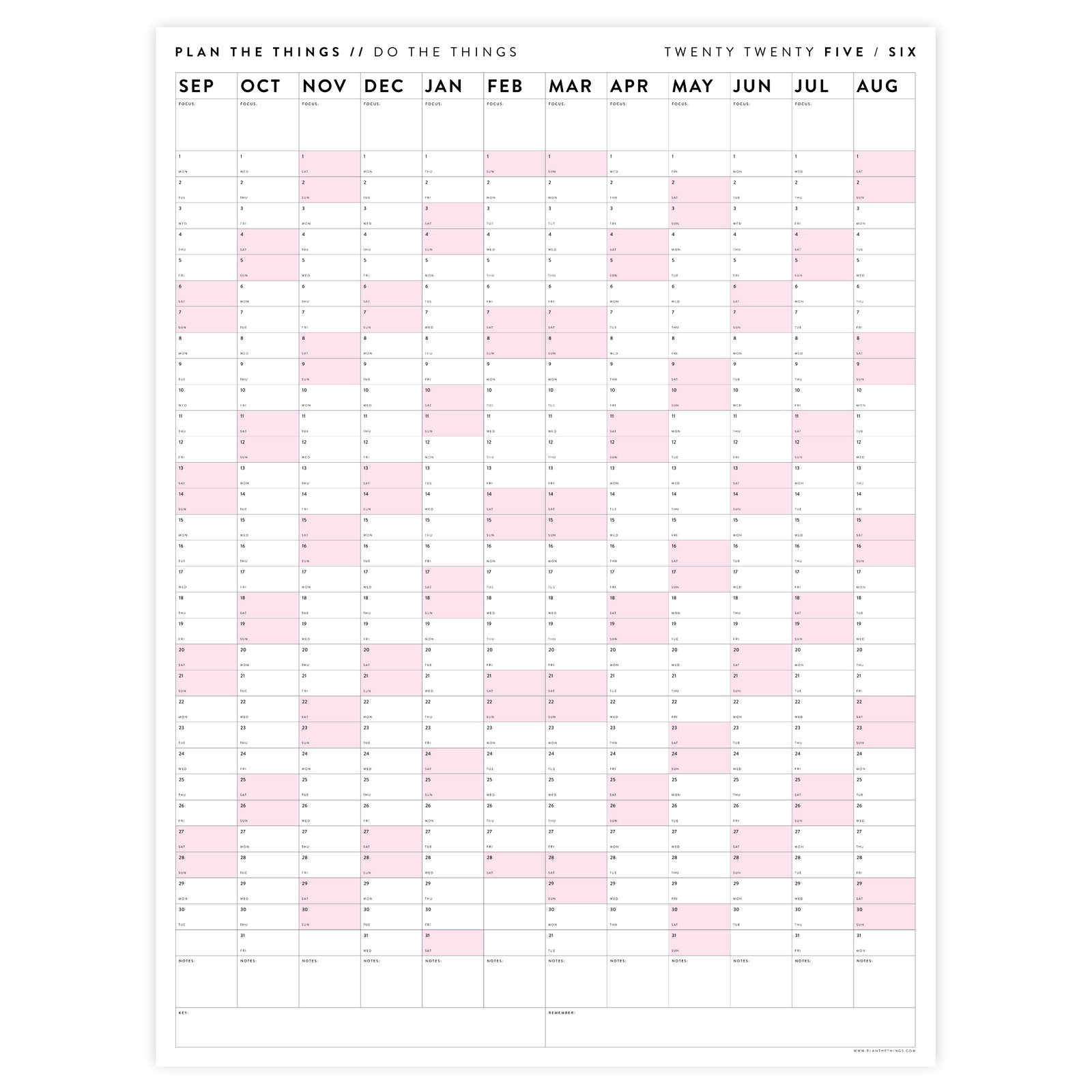 PRINTABLE 2025 - 2026 ACADEMIC WALL CALENDAR (SEPTEMBER START) | VERTICAL WITH PINK WEEKENDS - INSTANT DOWNLOAD