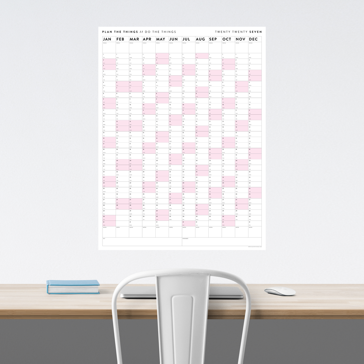 PRINTABLE VERTICAL 2027 WALL CALENDAR WITH PINK WEEKENDS - INSTANT DOWNLOAD