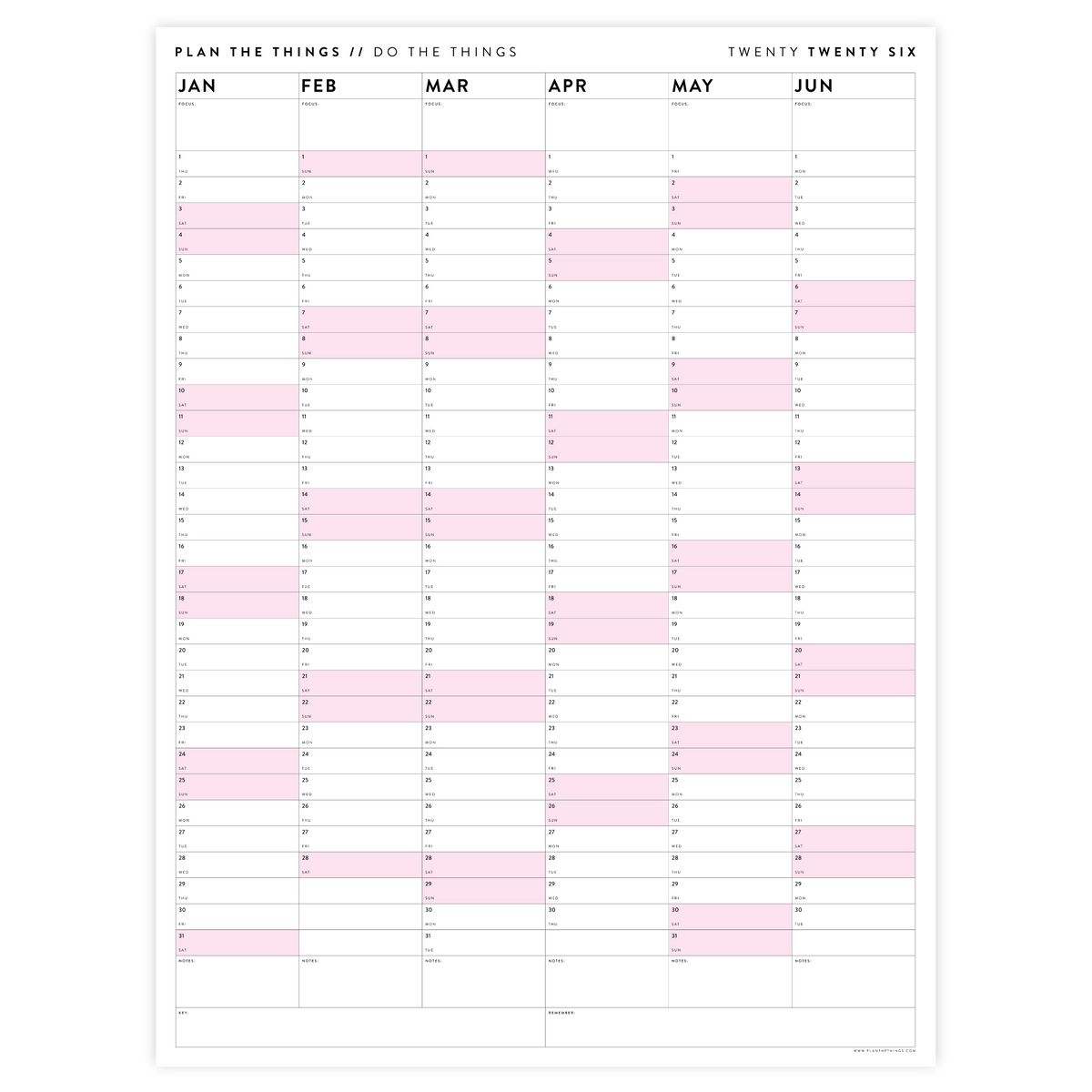 PRINTABLE SIX MONTH 2026 ACADEMIC YEAR WALL CALENDAR SET WITH PINK WEEKENDS - INSTANT DOWNLOAD