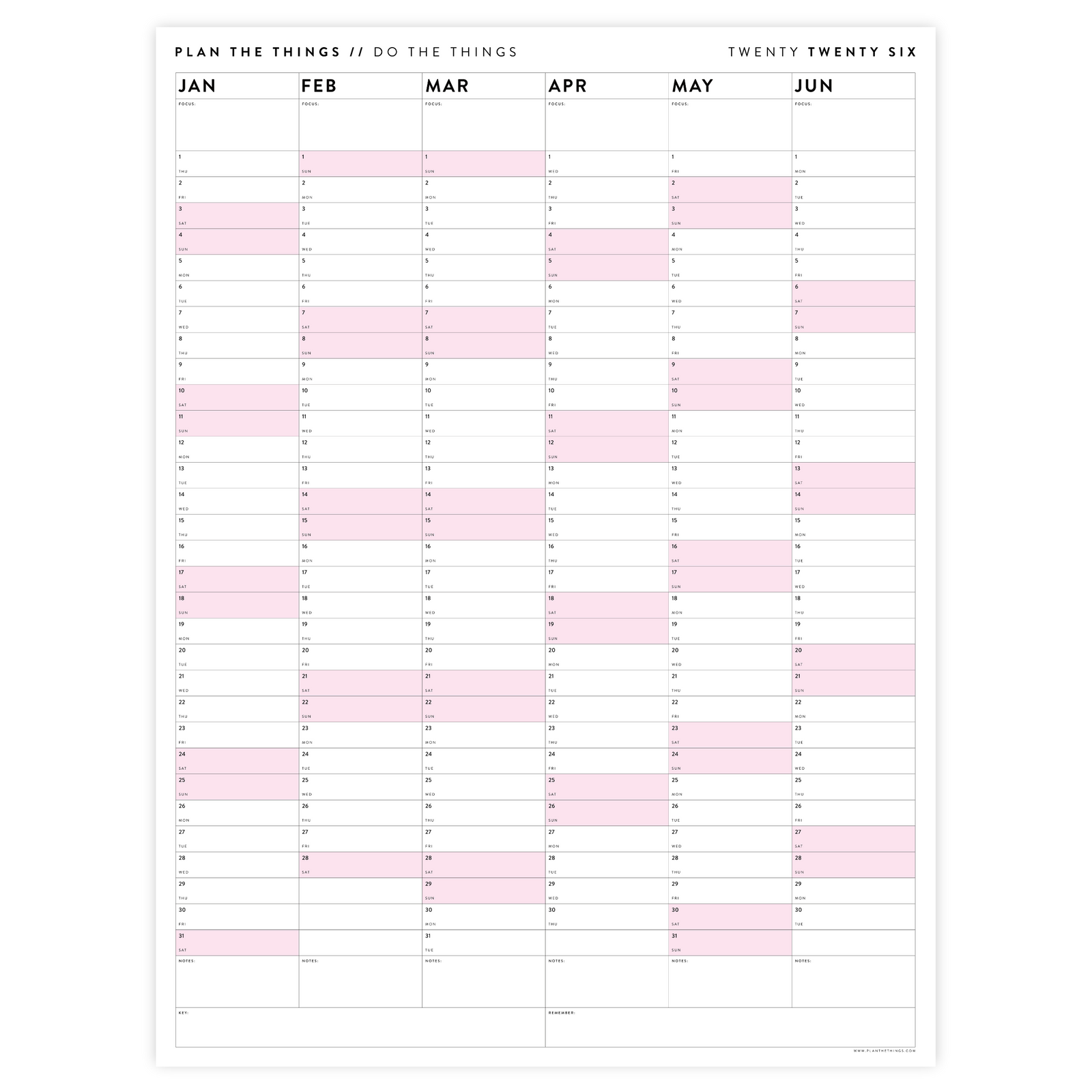 SIX MONTH 2026 GIANT WALL CALENDAR (JANUARY TO JUNE)  WITH PINK WEEKENDS