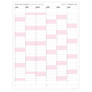 SIX MONTH 2026 GIANT WALL CALENDAR (JANUARY TO JUNE)  WITH PINK WEEKENDS
