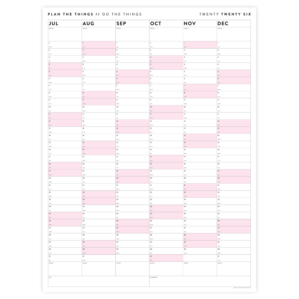 PRINTABLE SIX MONTH 2026 ACADEMIC YEAR WALL CALENDAR SET WITH PINK WEEKENDS - INSTANT DOWNLOAD