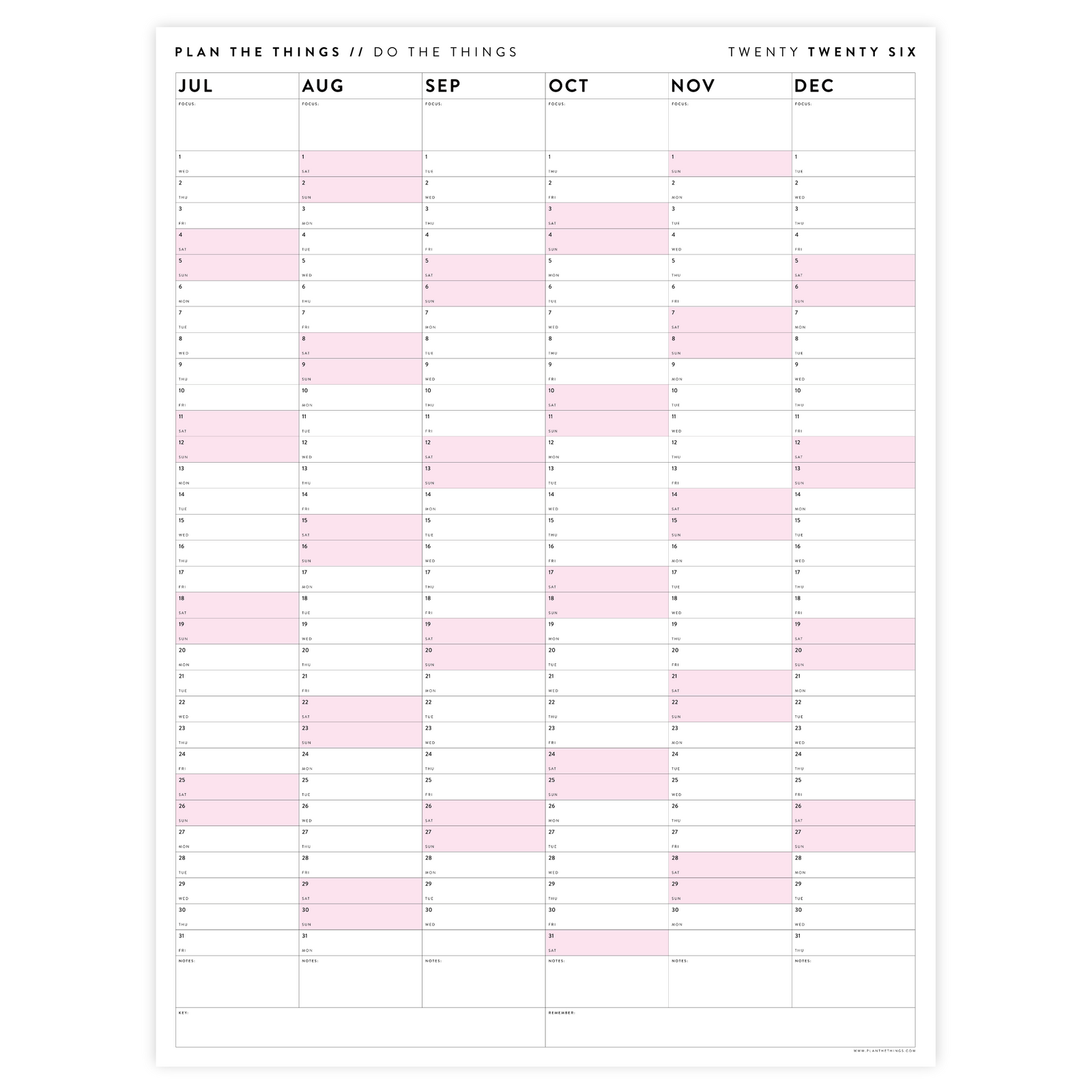 SIX MONTH 2026 GIANT WALL CALENDAR (JULY TO DECEMBER) WITH PINK WEEKENDS