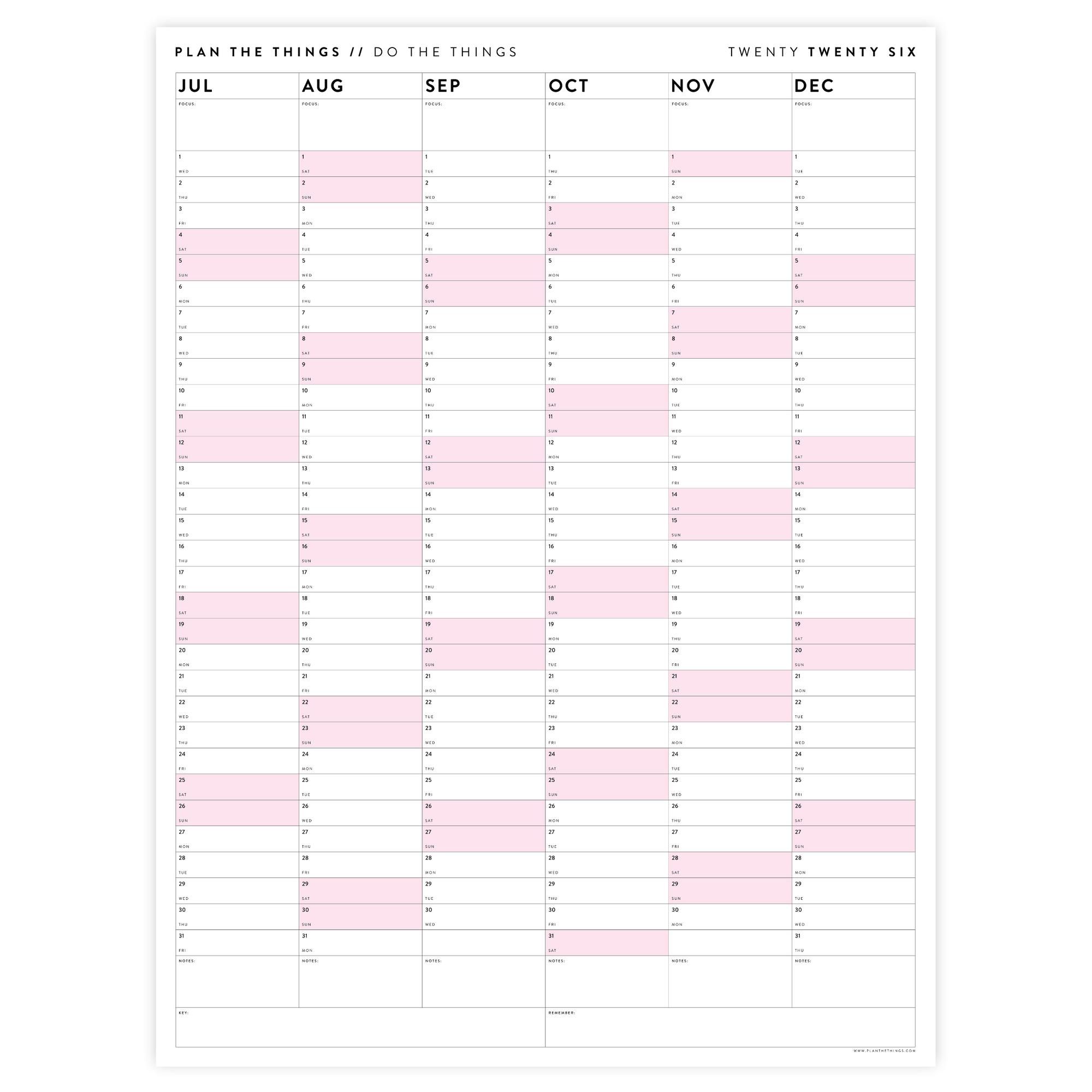 SIX MONTH 2026 GIANT WALL CALENDAR (JULY TO DECEMBER) WITH PINK WEEKENDS